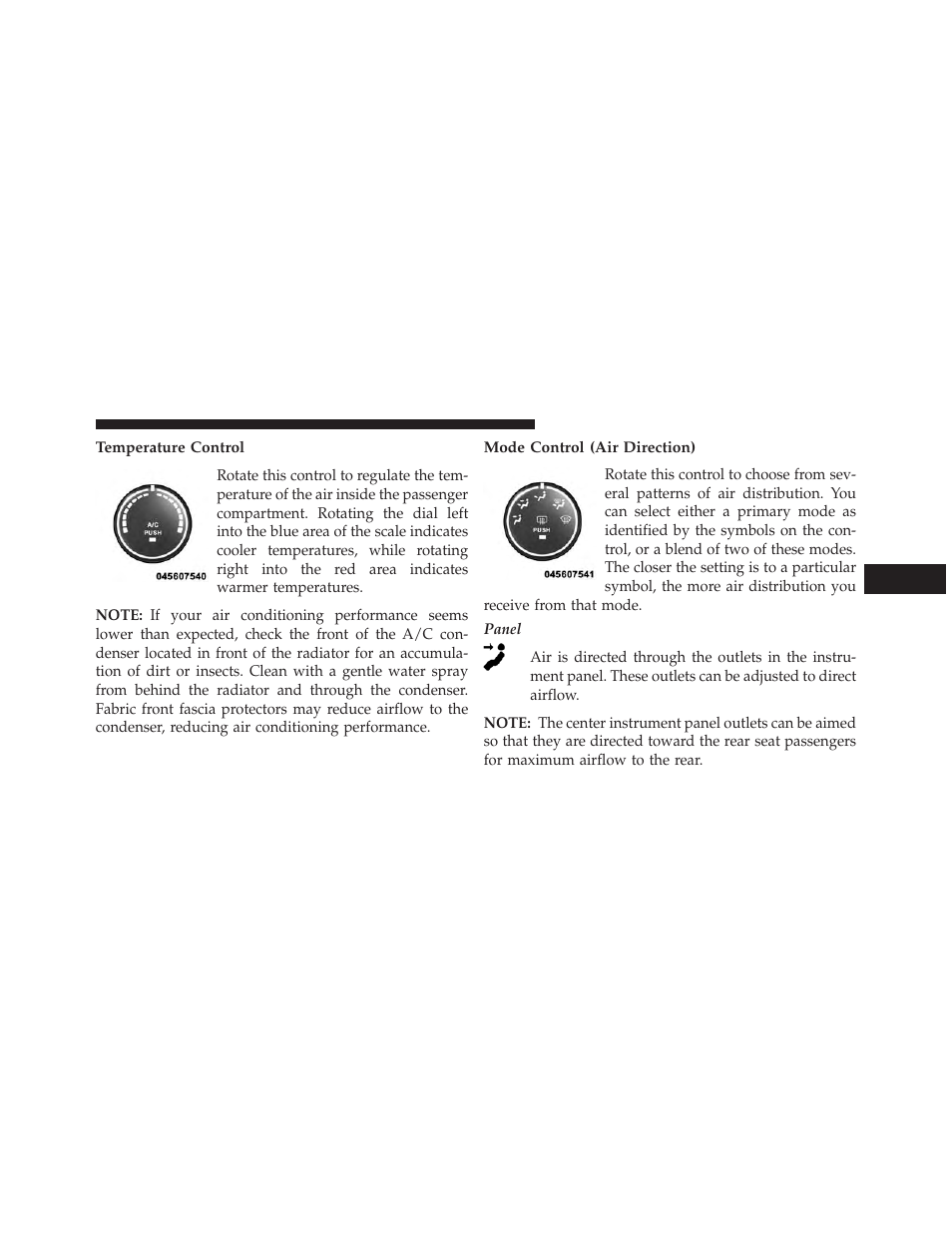 Temperature control, Mode control (air direction) | Jeep 2013 Wrangler User Manual | Page 395 / 655