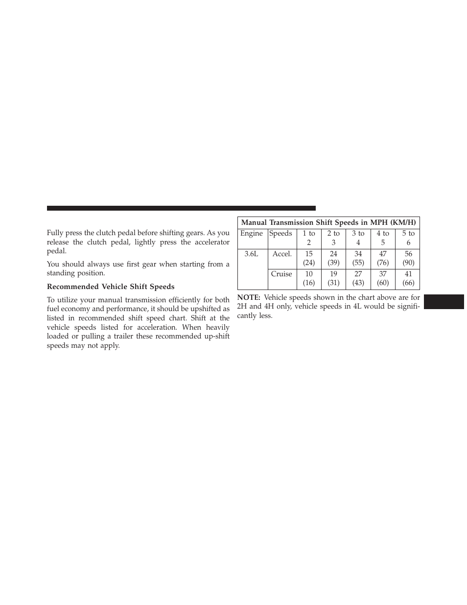 Shifting, Recommended vehicle shift speeds | Jeep 2013 Wrangler User Manual | Page 417 / 655