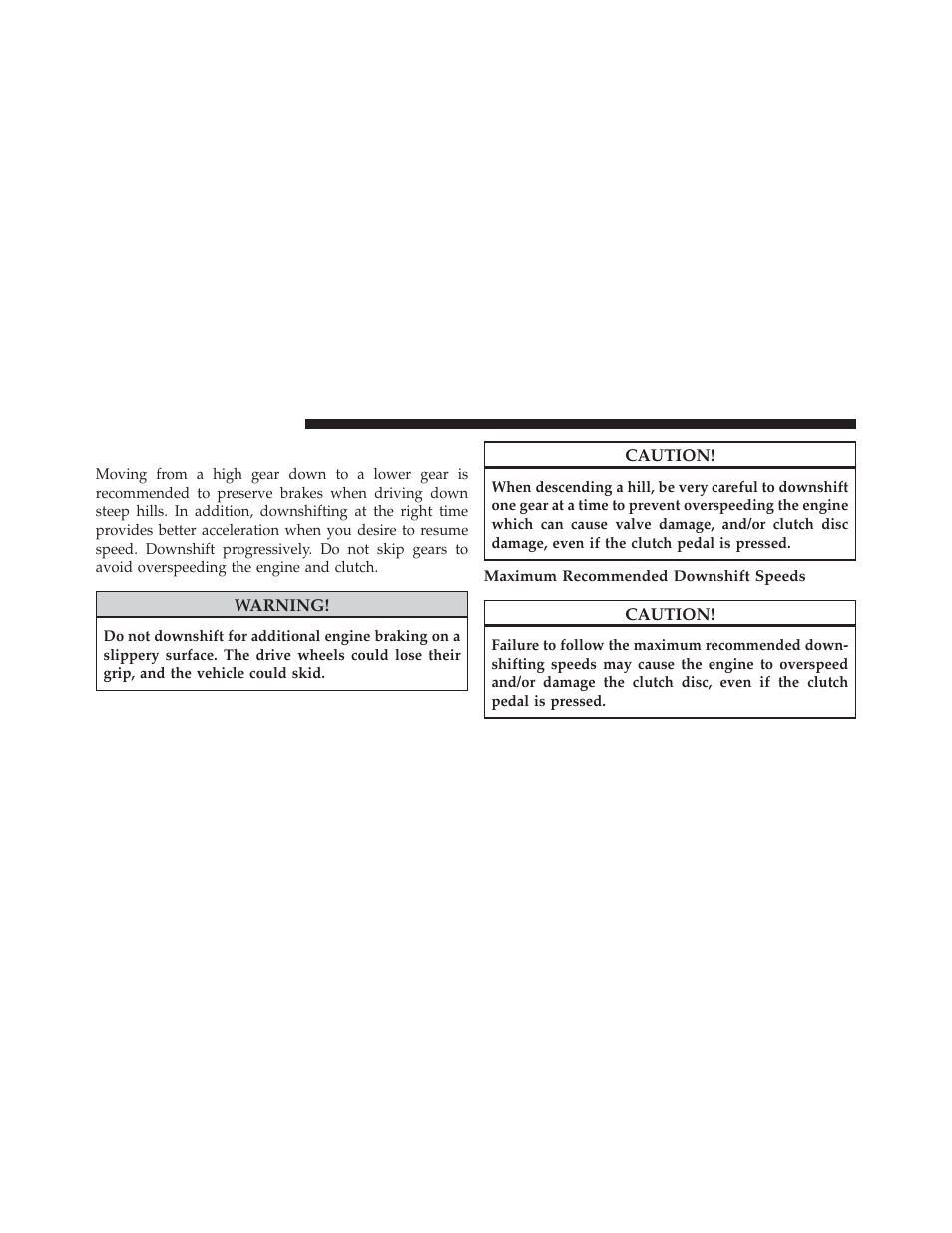 Downshifting, Maximum recommended downshift speeds | Jeep 2013 Wrangler User Manual | Page 418 / 655