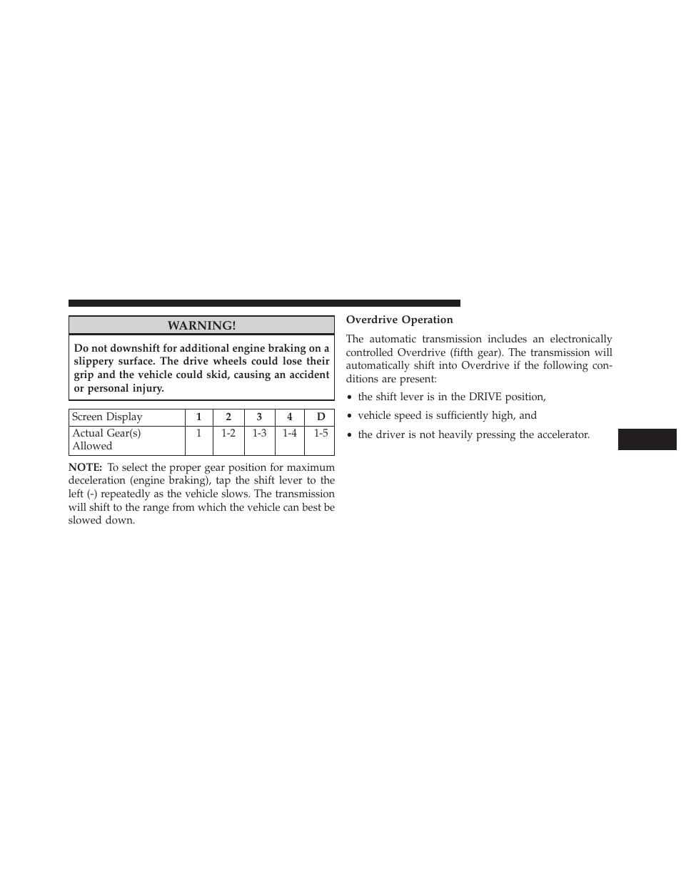 Overdrive operation | Jeep 2013 Wrangler User Manual | Page 429 / 655