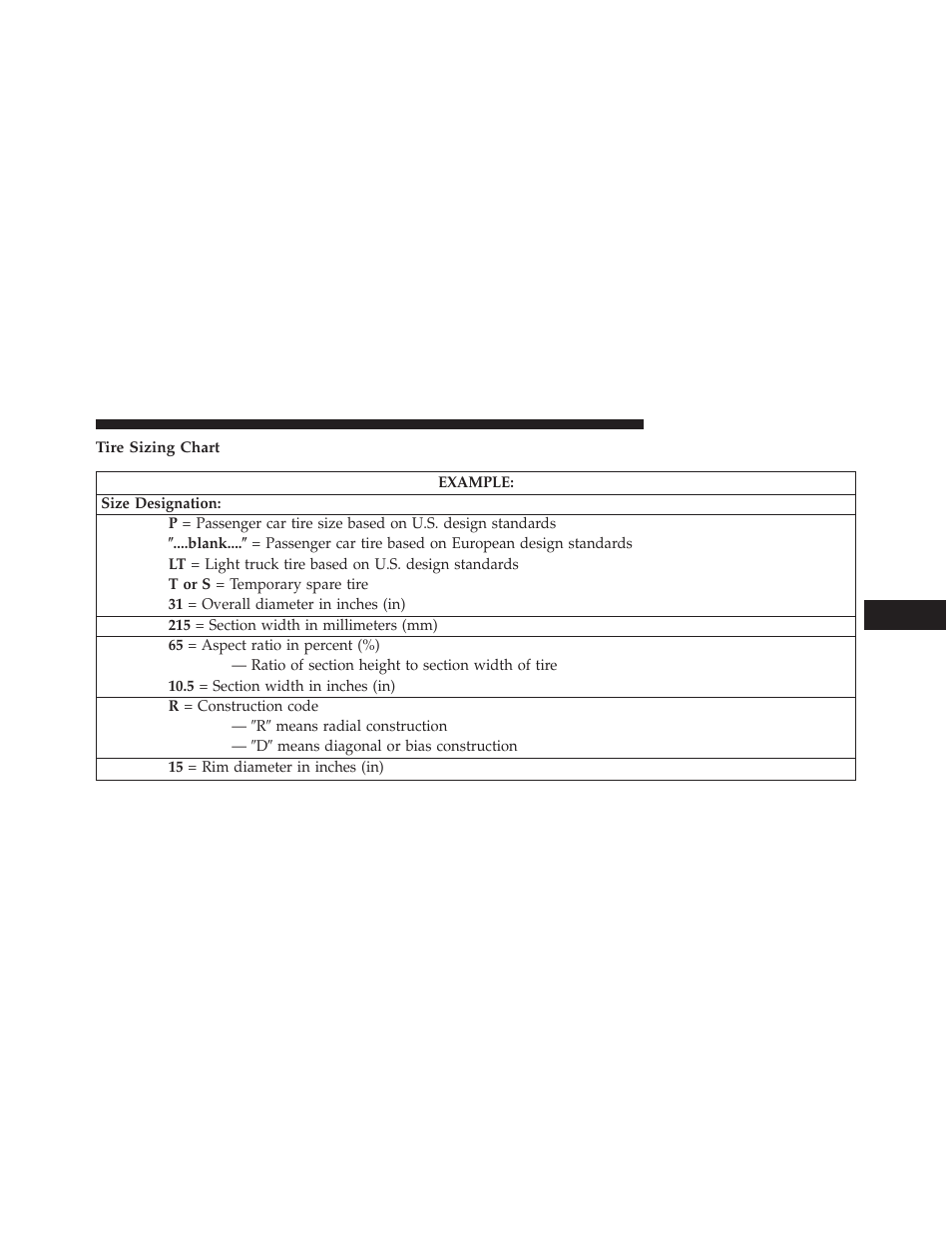 Tire sizing chart | Jeep 2013 Wrangler User Manual | Page 475 / 655