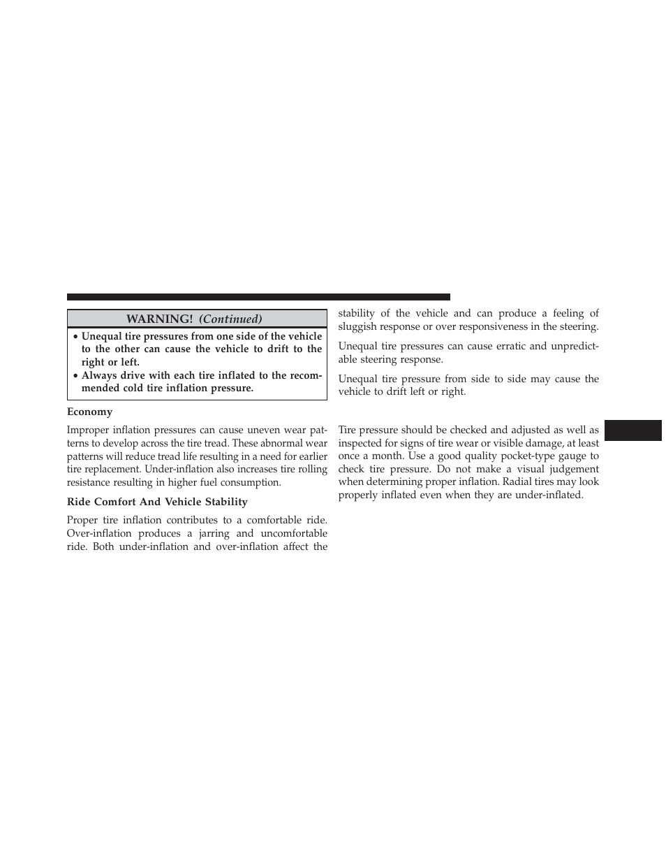 Economy, Ride comfort and vehicle stability, Tire inflation pressures | Jeep 2013 Wrangler User Manual | Page 485 / 655