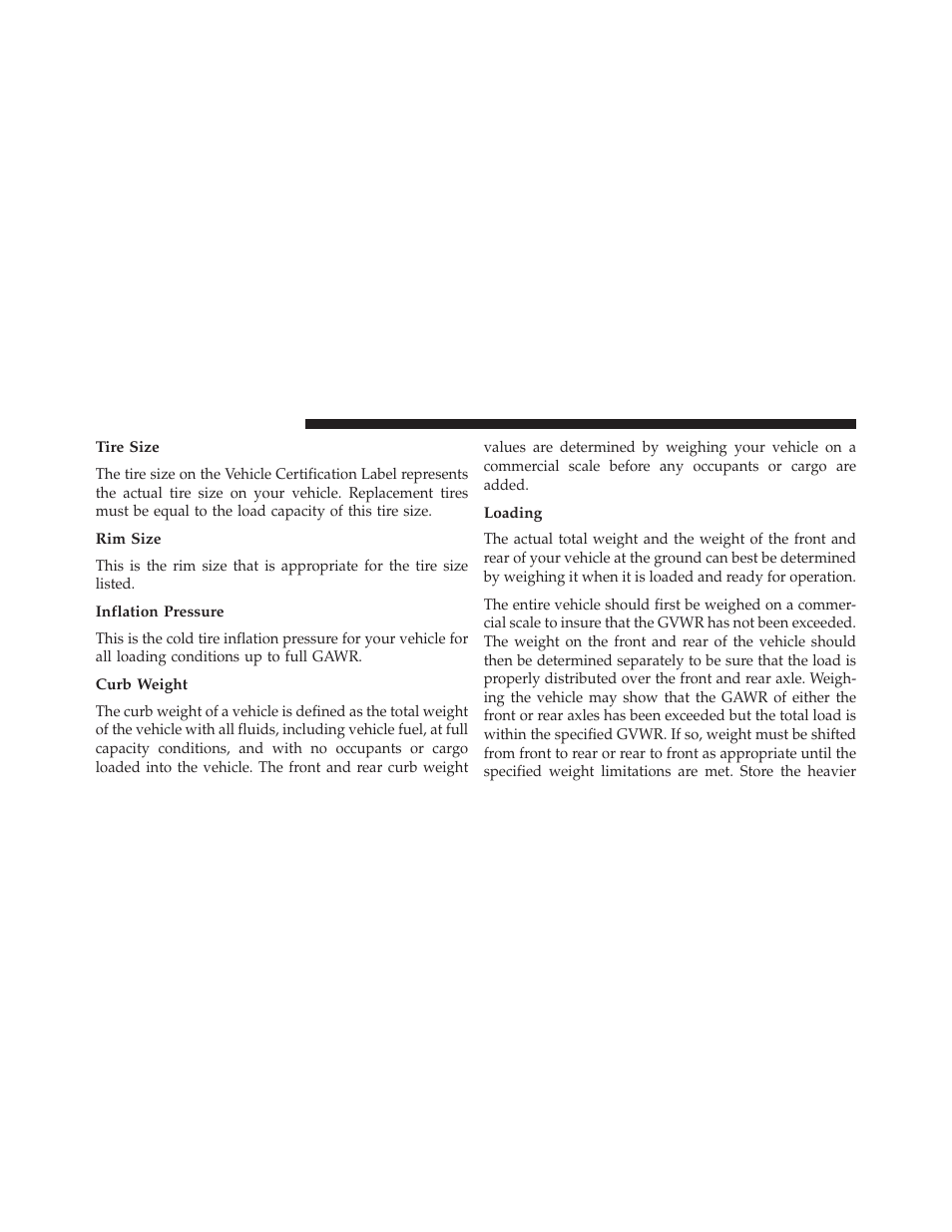 Tire size, Rim size, Inflation pressure | Curb weight, Loading | Jeep 2013 Wrangler User Manual | Page 516 / 655