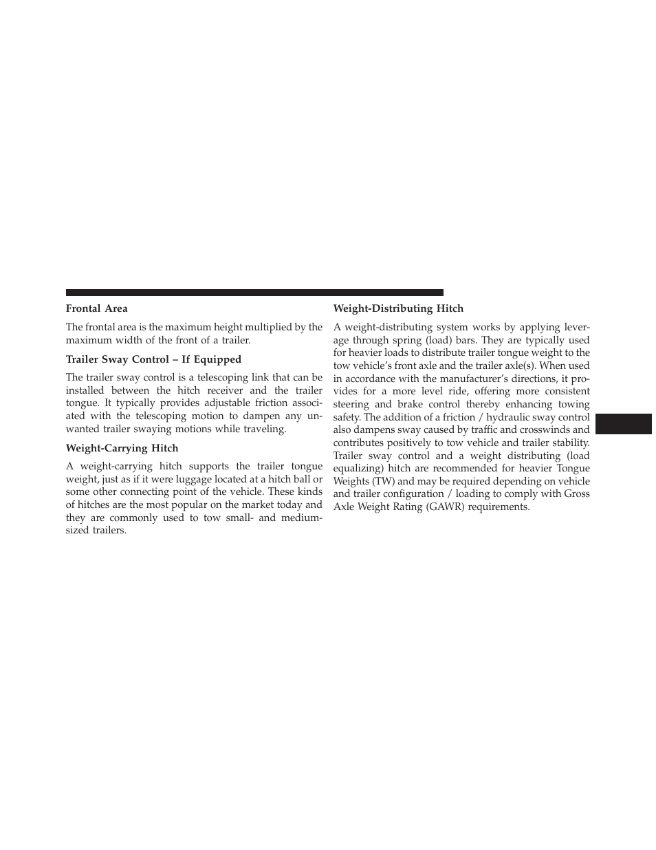 Frontal area, Trailer sway control – if equipped, Weight-carrying hitch | Weight-distributing hitch | Jeep 2013 Wrangler User Manual | Page 519 / 655