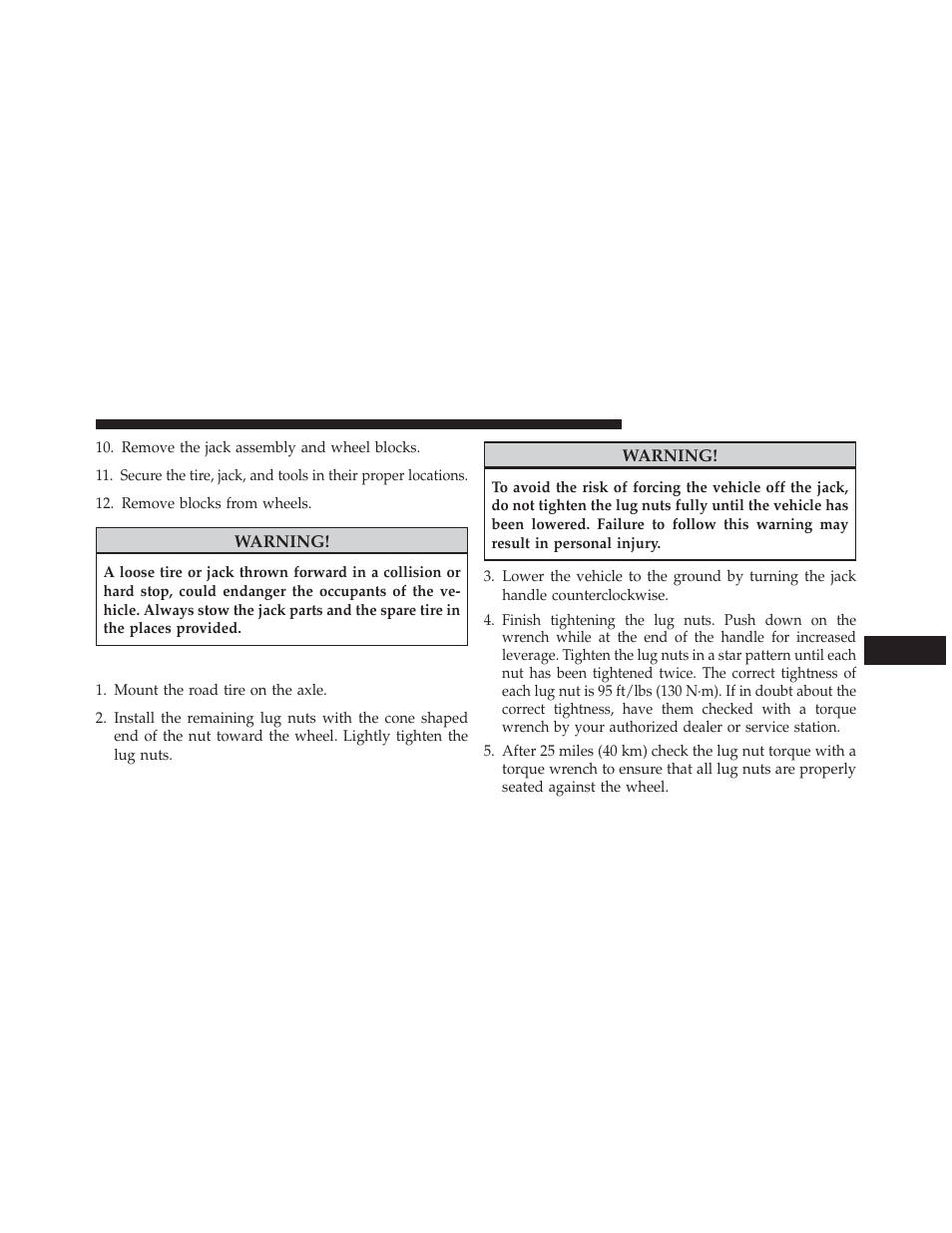 Road tire installation | Jeep 2013 Wrangler User Manual | Page 549 / 655