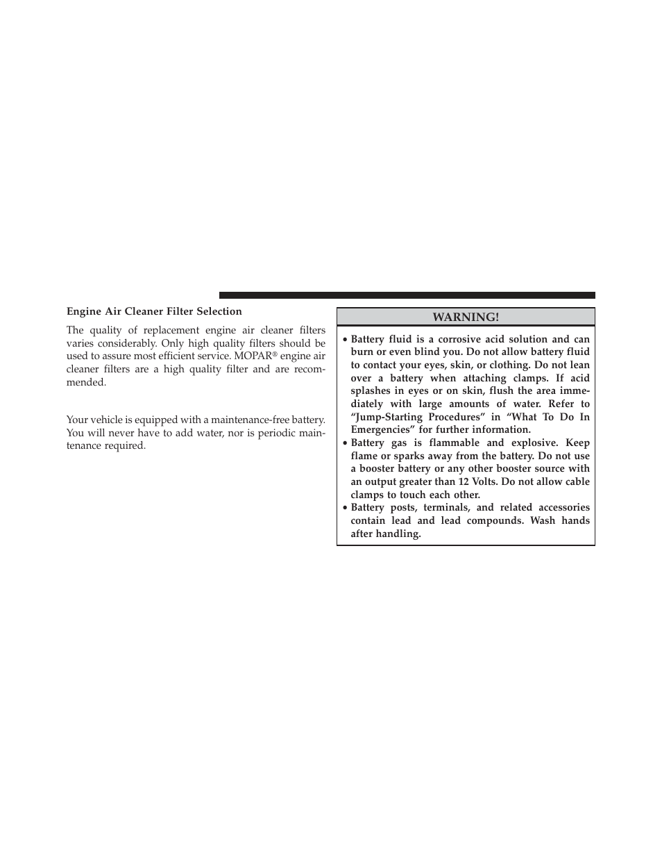 Engine air cleaner filter selection, Maintenance-free battery | Jeep 2013 Wrangler User Manual | Page 572 / 655