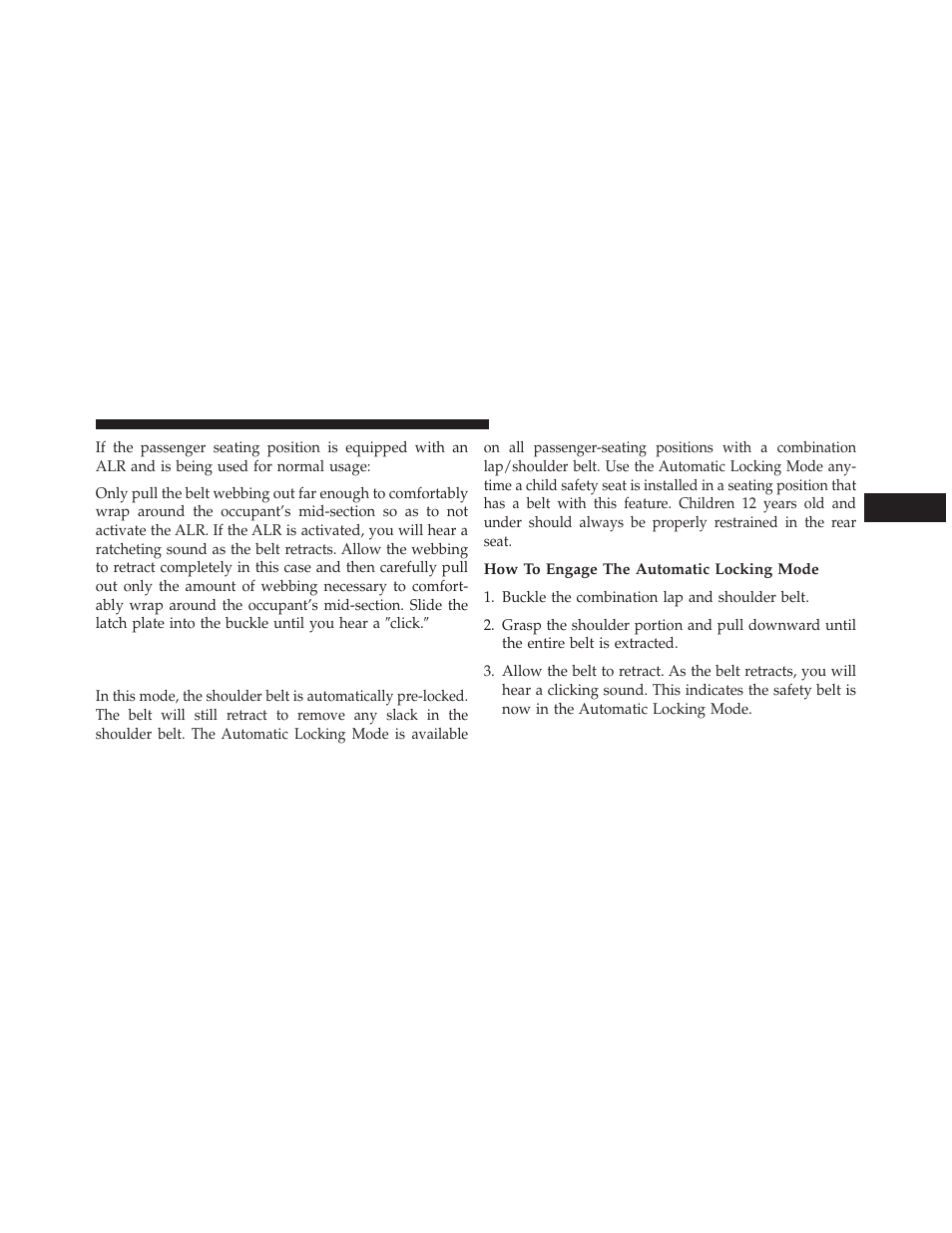 How to engage the automatic locking mode, Automatic locking retractor mode (alr), If equipped | Jeep 2013 Wrangler User Manual | Page 59 / 655