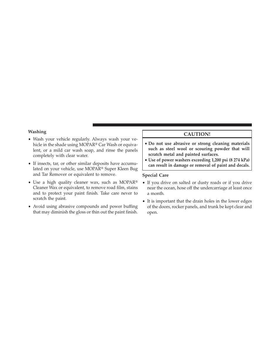 Washing, Special care | Jeep 2013 Wrangler User Manual | Page 594 / 655