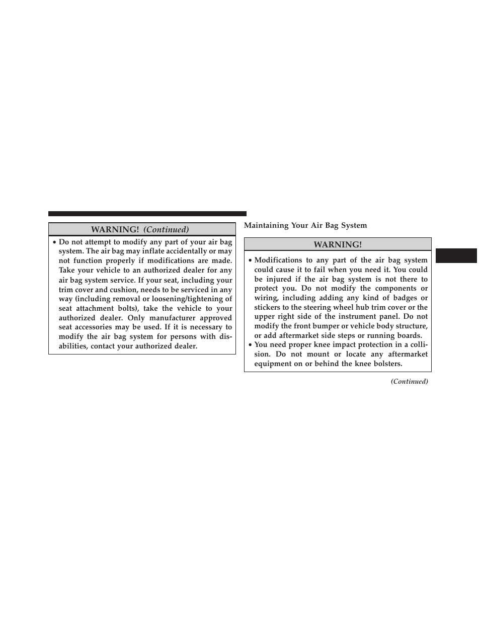 Maintaining your air bag system | Jeep 2013 Wrangler User Manual | Page 75 / 655