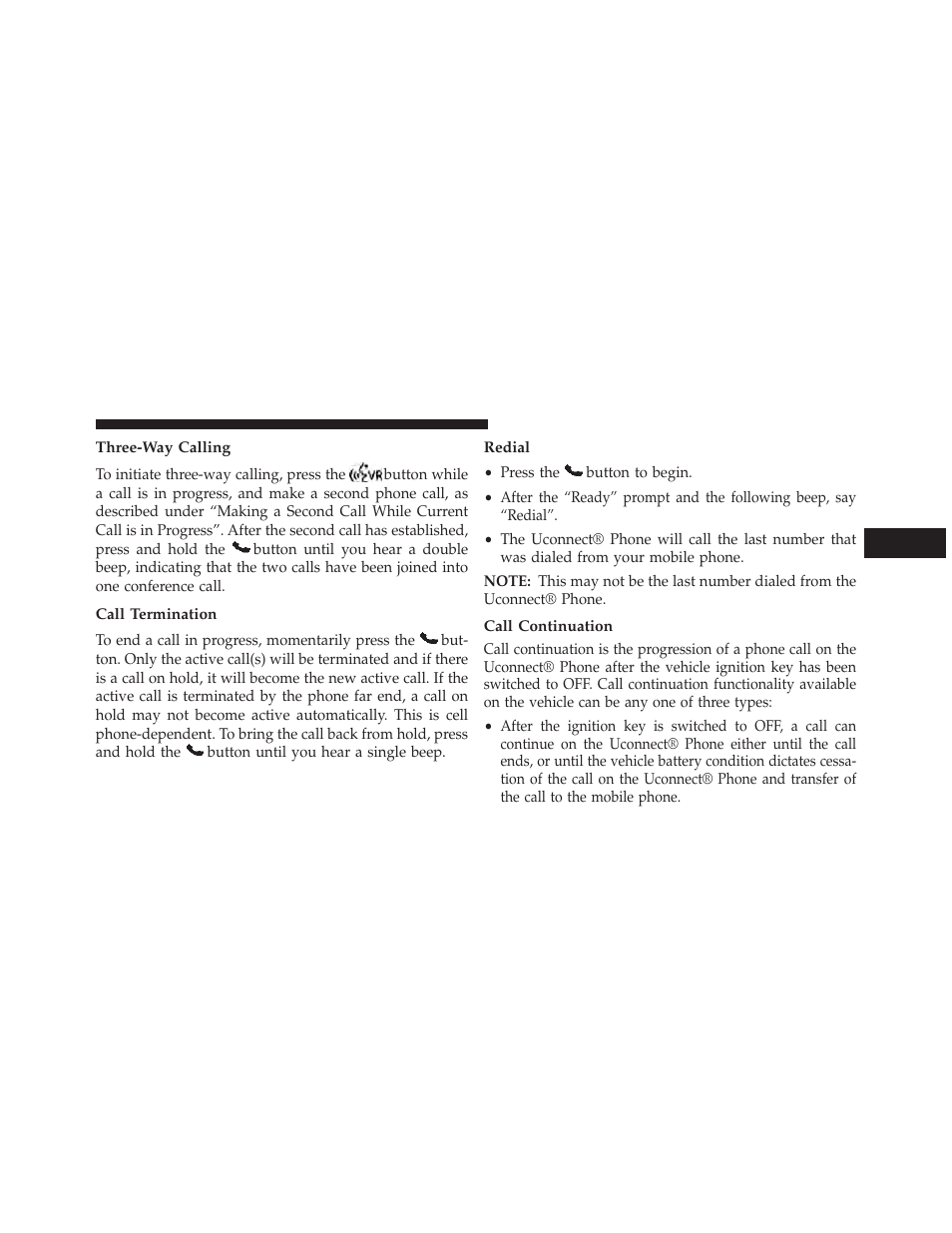 Three-way calling, Call termination, Redial | Call continuation | Jeep 2013 Grand Cherokee User Manual | Page 149 / 704