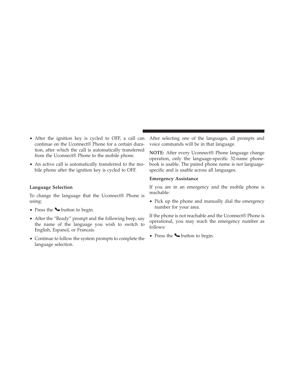 Uconnect® phone features, Language selection, Emergency assistance | Jeep 2013 Grand Cherokee User Manual | Page 150 / 704