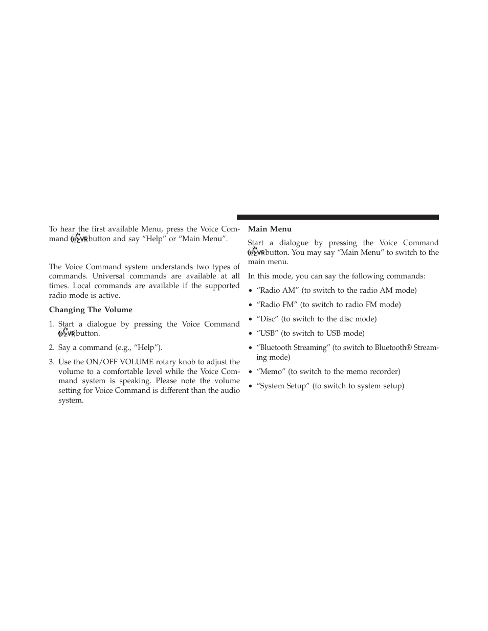 Commands, Changing the volume, Main menu | Jeep 2013 Grand Cherokee User Manual | Page 170 / 704