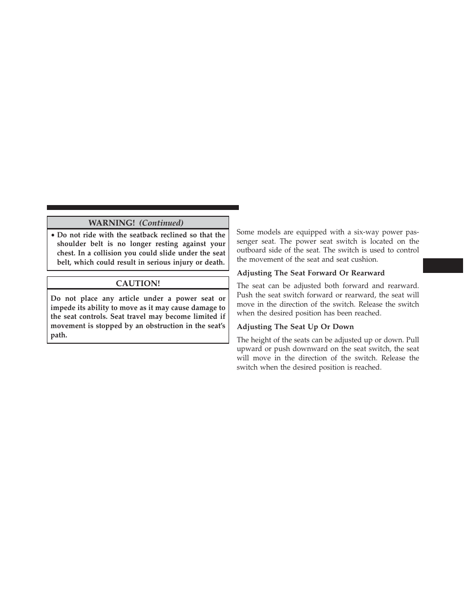 Passenger's power seat, Adjusting the seat forward or rearward, Adjusting the seat up or down | Passenger’s power seat | Jeep 2013 Grand Cherokee User Manual | Page 177 / 704