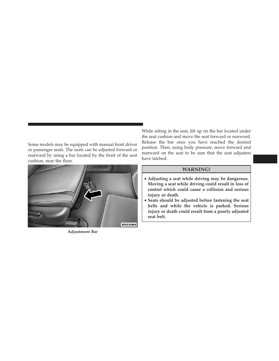 Manual front seats forward/rearward adjustment, Manual front seats forward/rearward, Adjustment | Jeep 2013 Grand Cherokee User Manual | Page 179 / 704