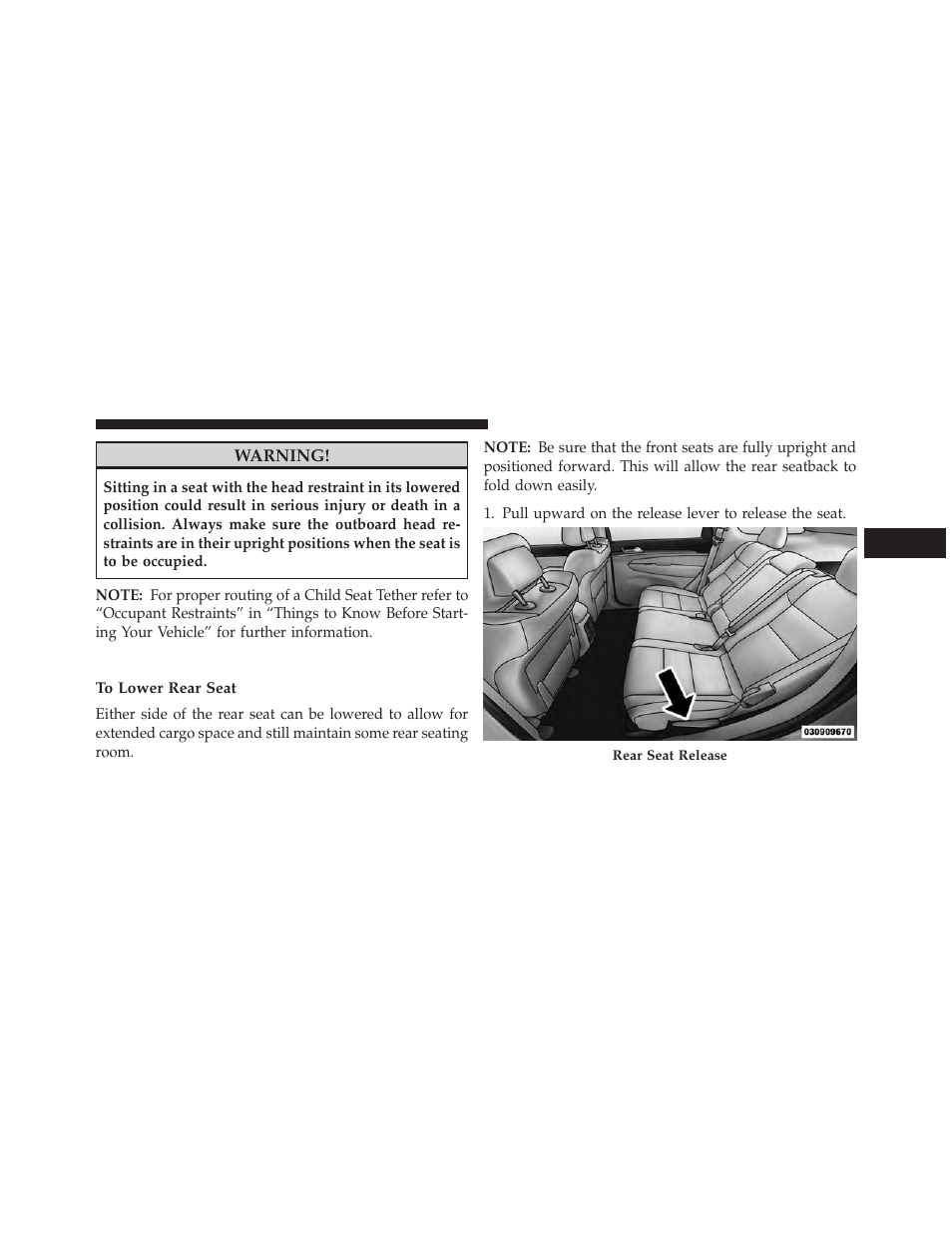 60/40 split rear seat, To lower rear seat | Jeep 2013 Grand Cherokee User Manual | Page 189 / 704