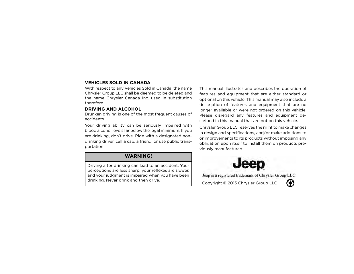 Warning | Jeep 2013 Grand Cherokee User Manual | Page 2 / 704