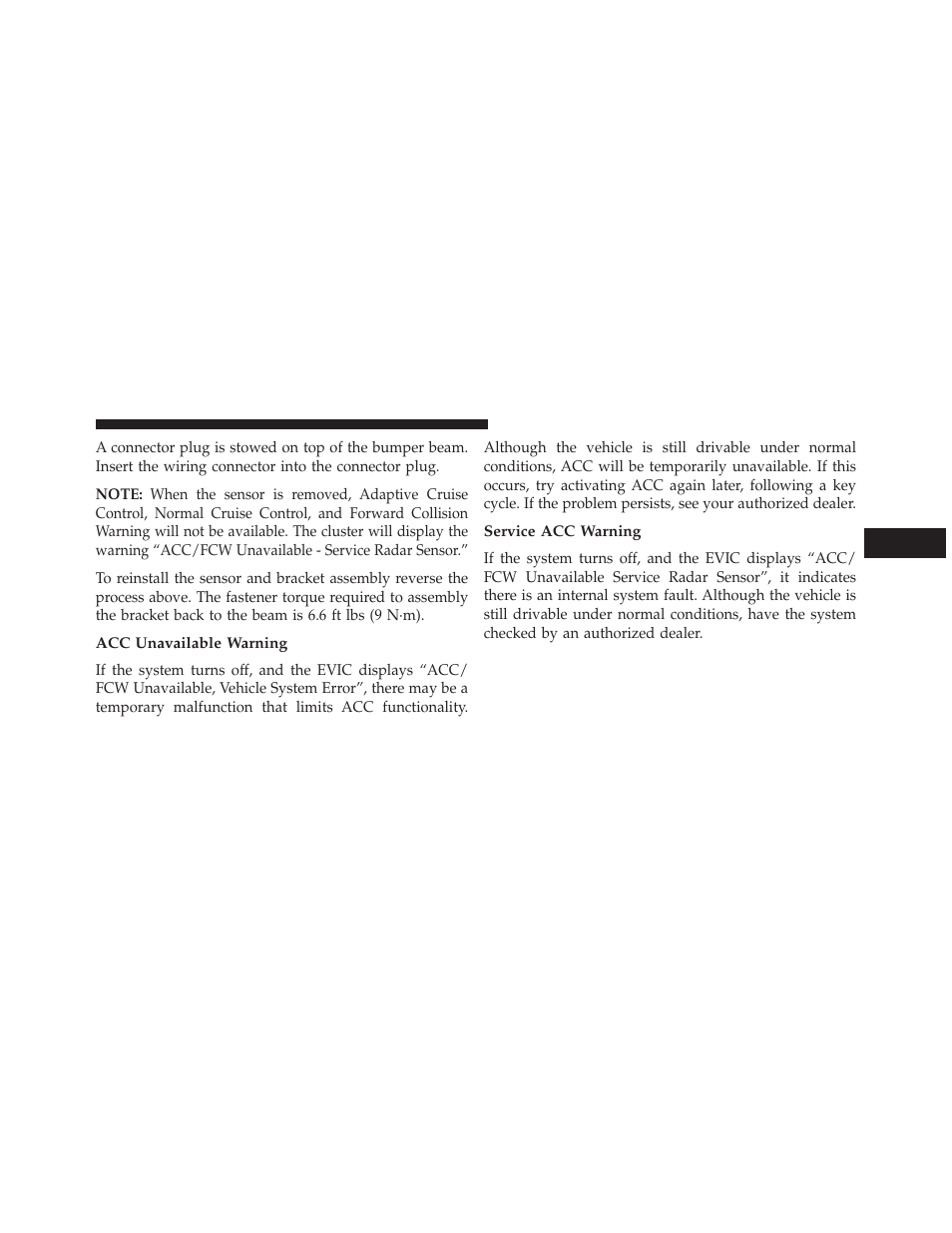 Acc unavailable warning, Service acc warning | Jeep 2013 Grand Cherokee User Manual | Page 237 / 704