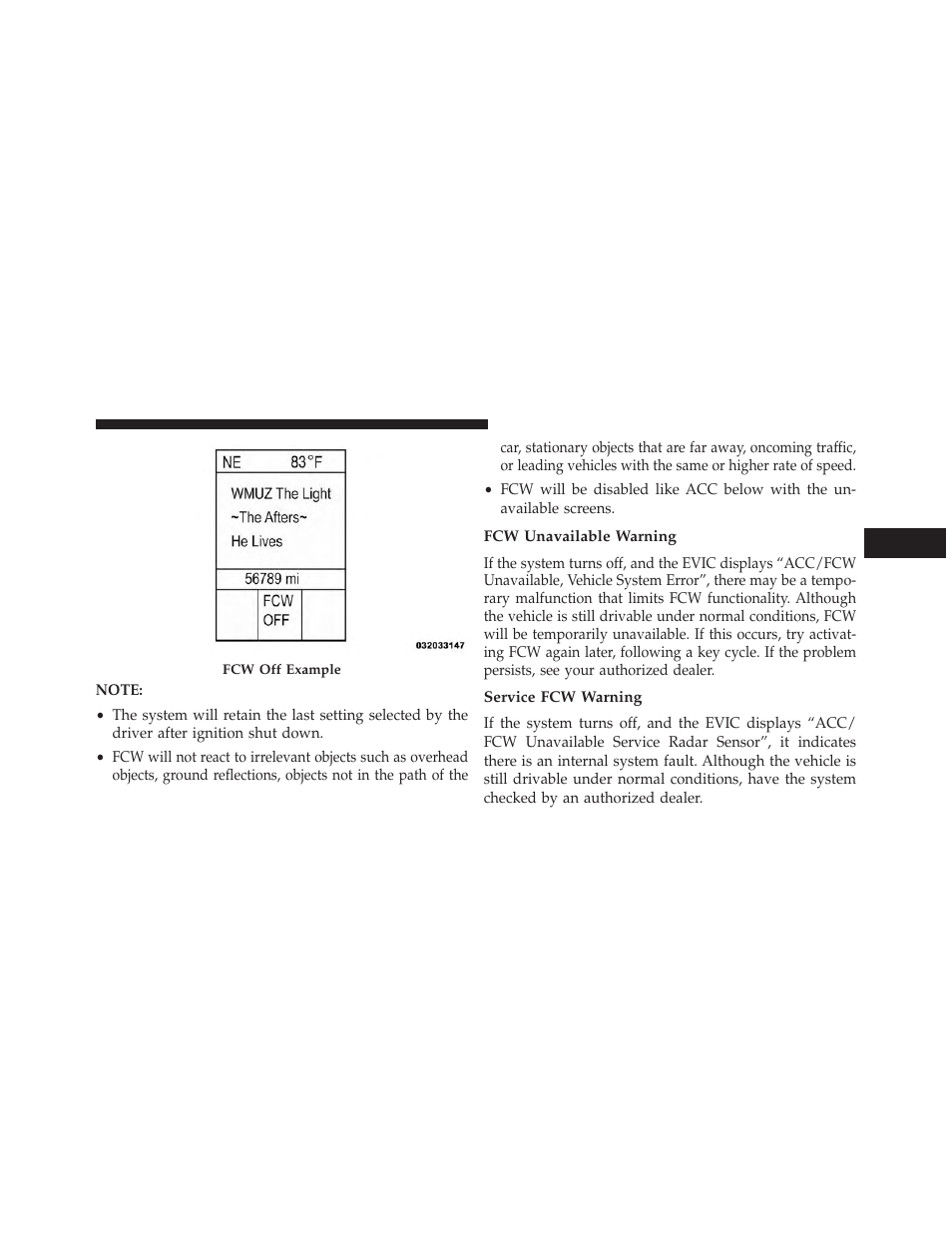 Fcw unavailable warning, Service fcw warning | Jeep 2013 Grand Cherokee User Manual | Page 247 / 704