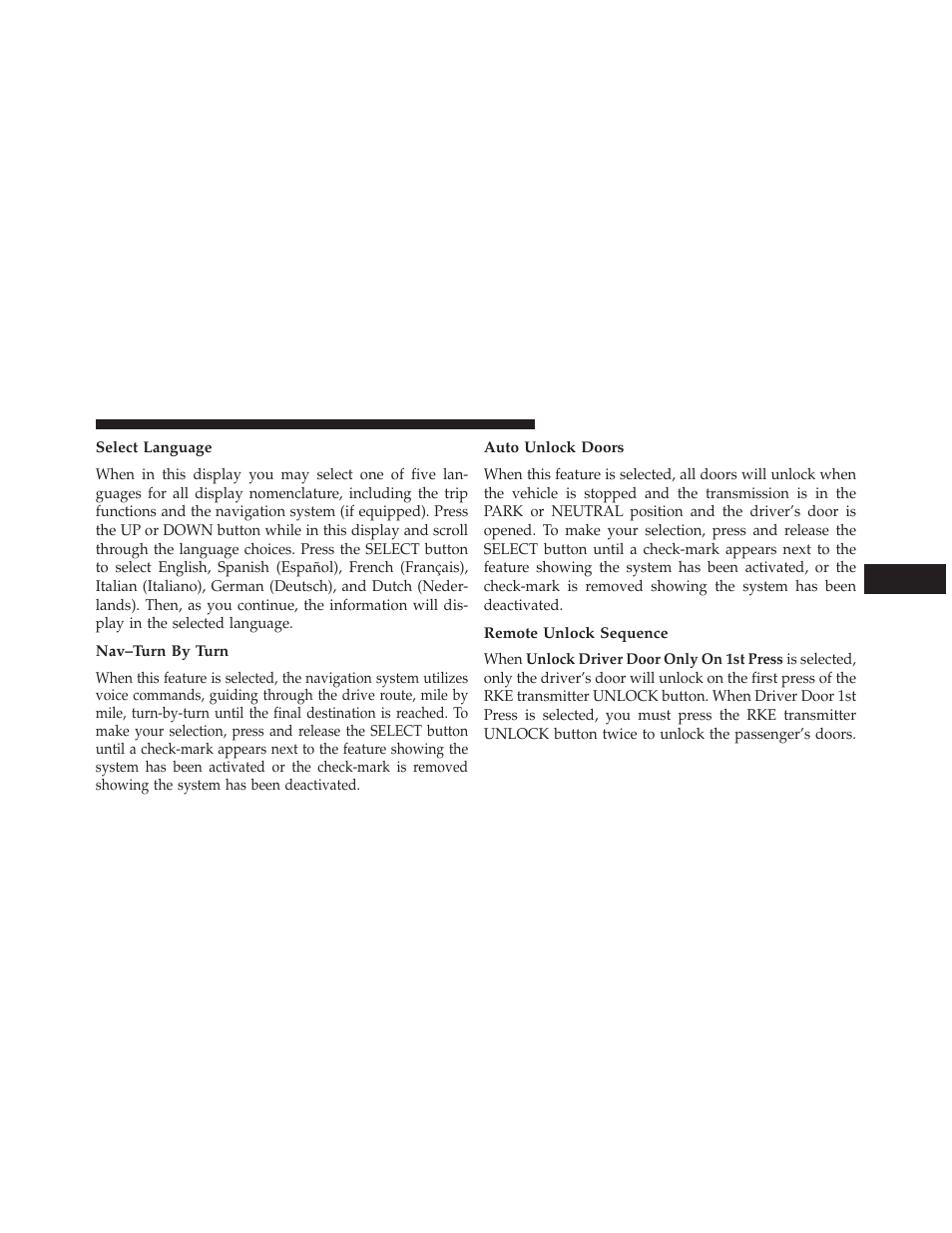 Select language, Nav–turn by turn, Auto unlock doors | Remote unlock sequence | Jeep 2013 Grand Cherokee User Manual | Page 341 / 704