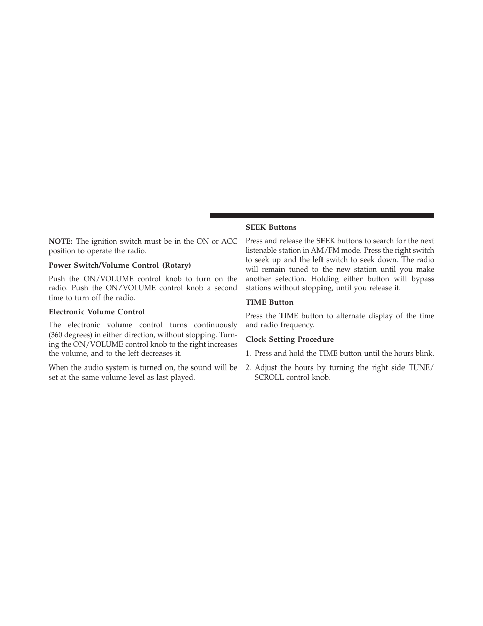 Operating instructions — radio mode, Power switch/volume control (rotary), Electronic volume control | Seek buttons, Time button, Clock setting procedure | Jeep 2013 Grand Cherokee User Manual | Page 350 / 704