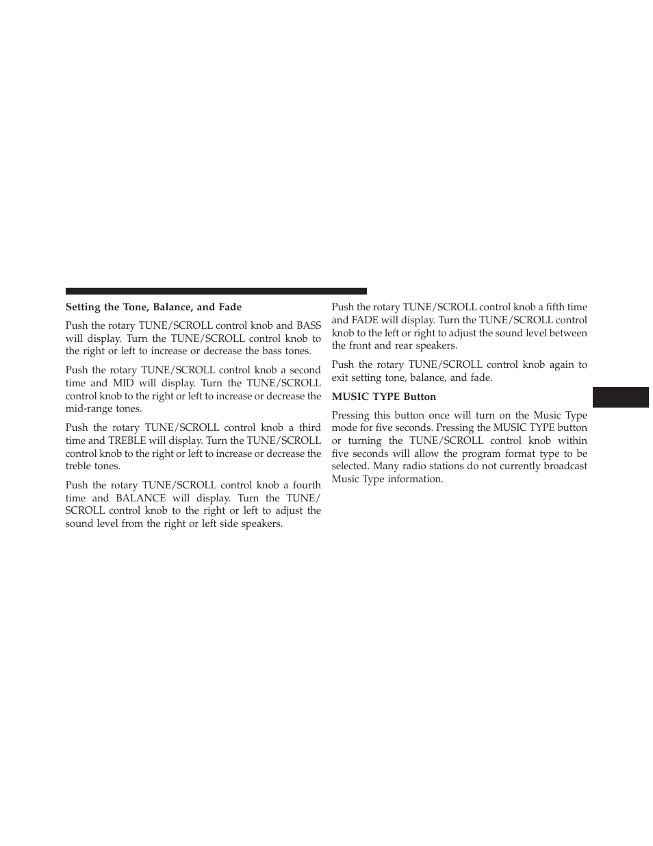 Setting the tone, balance, and fade, Music type button | Jeep 2013 Grand Cherokee User Manual | Page 361 / 704