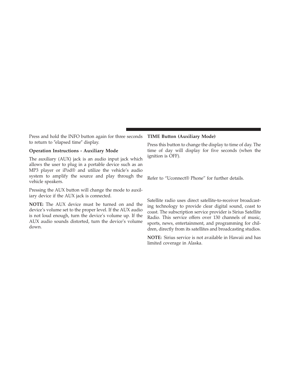 Operation instructions - auxiliary mode, Time button (auxiliary mode), Operating instructions (uconnect | Phone) — if equipped, Uconnect® multimedia (satellite, Radio) — if equipped | Jeep 2013 Grand Cherokee User Manual | Page 370 / 704