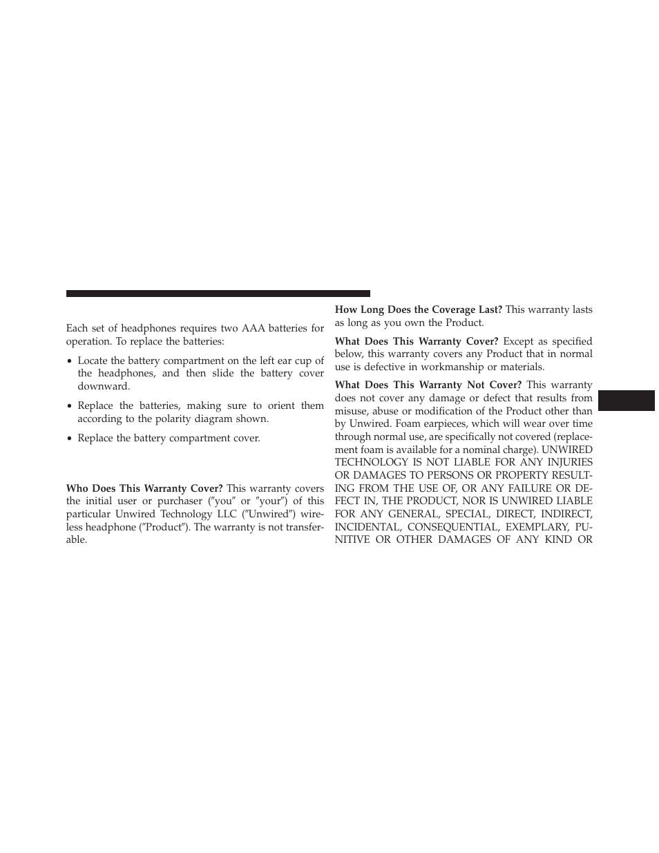 Replacing the headphone batteries, Unwired® stereo headphone lifetime limited, Warranty | Jeep 2013 Grand Cherokee User Manual | Page 399 / 704