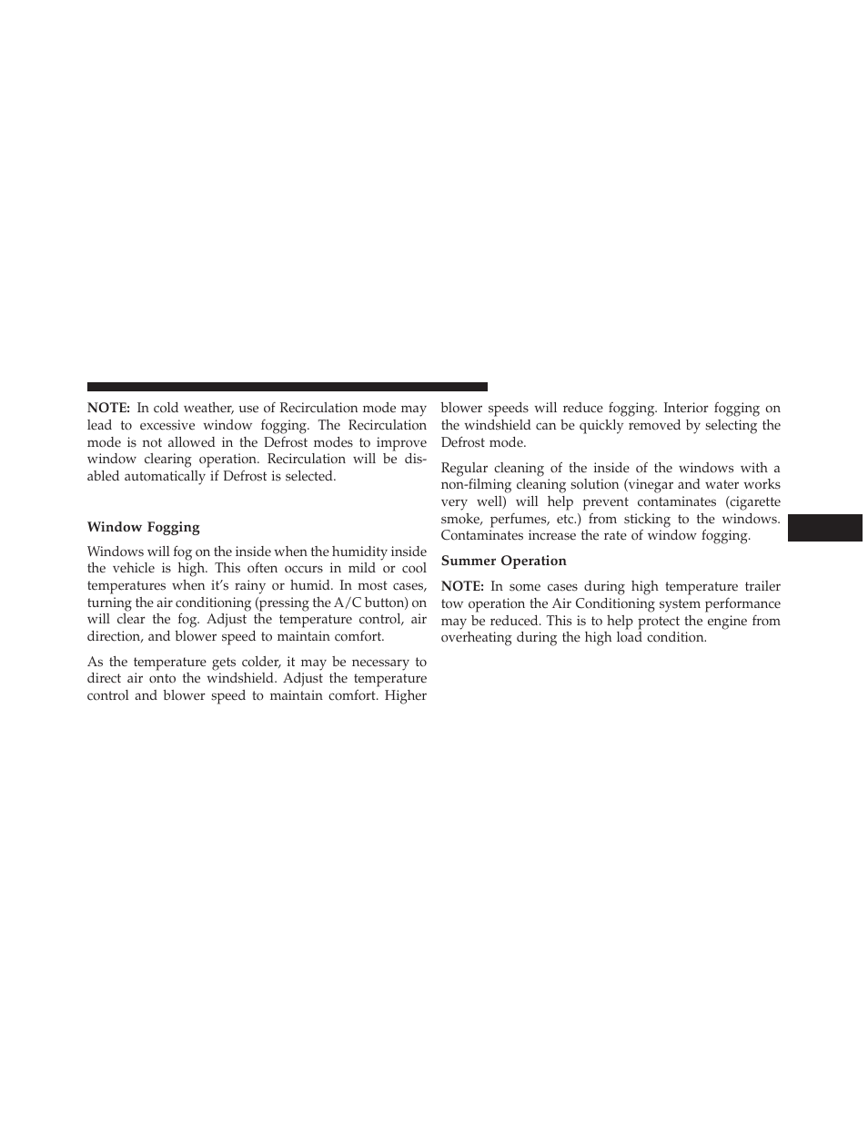 Operating tips, Window fogging, Summer operation | Jeep 2013 Grand Cherokee User Manual | Page 431 / 704