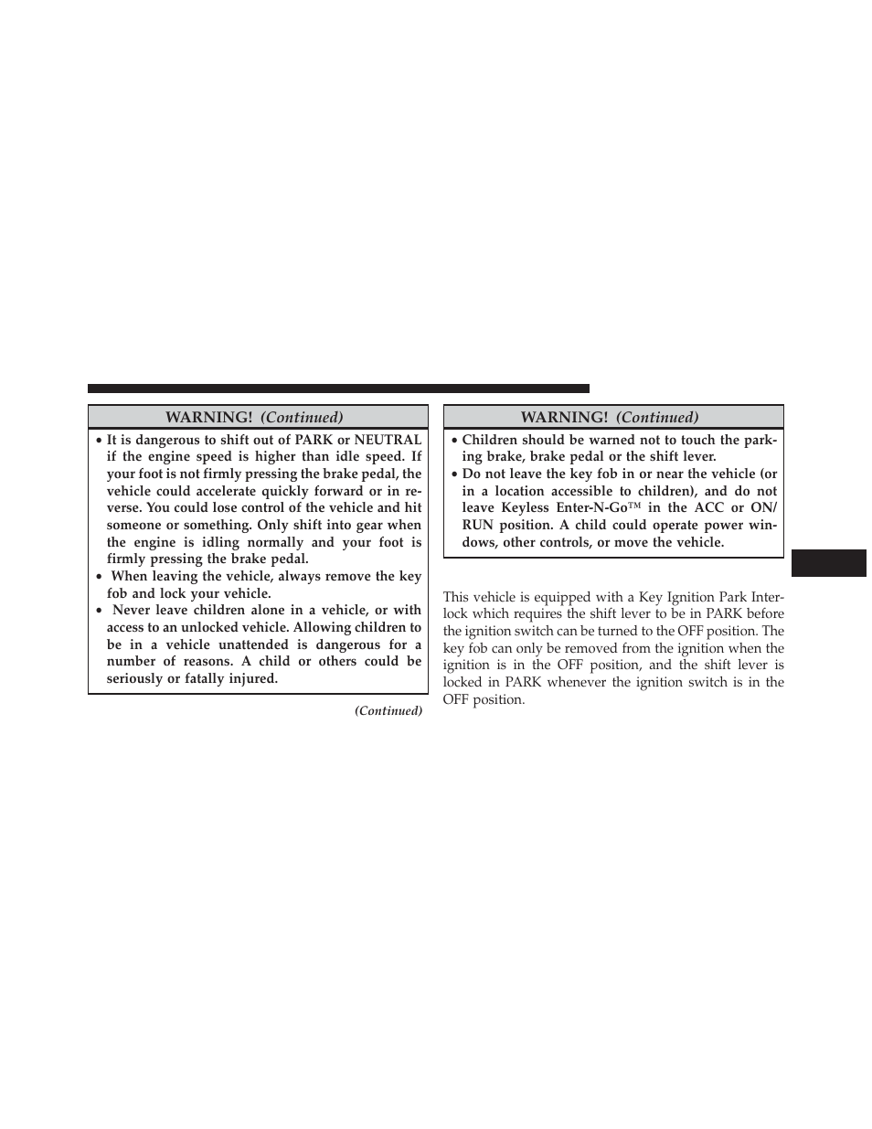 Key ignition park interlock | Jeep 2013 Grand Cherokee User Manual | Page 449 / 704