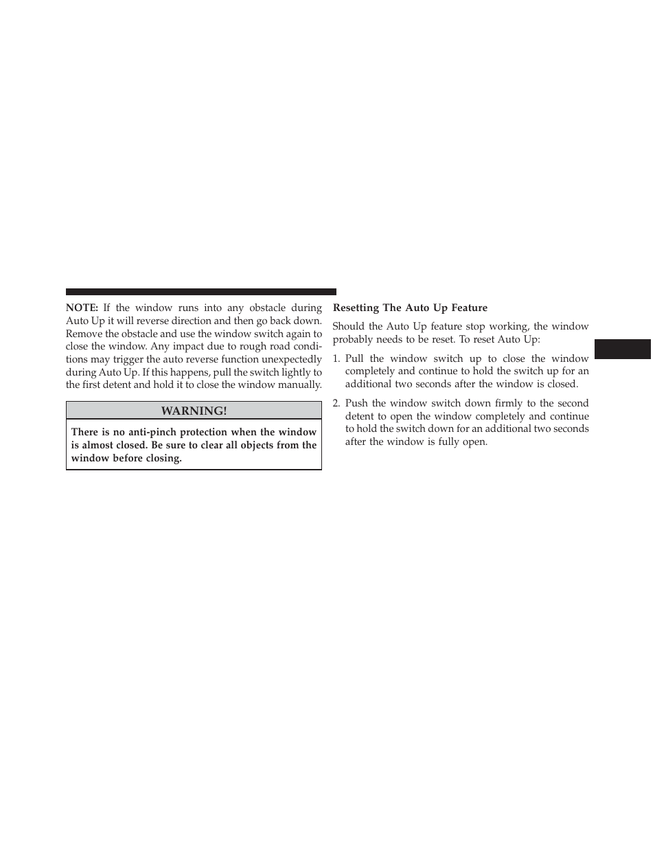 Resetting the auto up feature | Jeep 2013 Grand Cherokee User Manual | Page 47 / 704