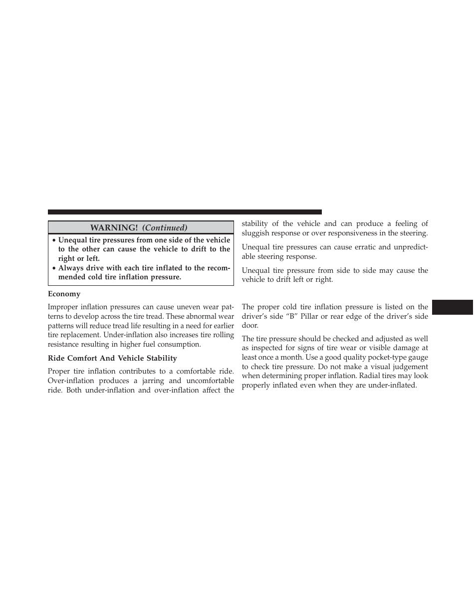 Economy, Ride comfort and vehicle stability, Tire inflation pressures | Jeep 2013 Grand Cherokee User Manual | Page 521 / 704