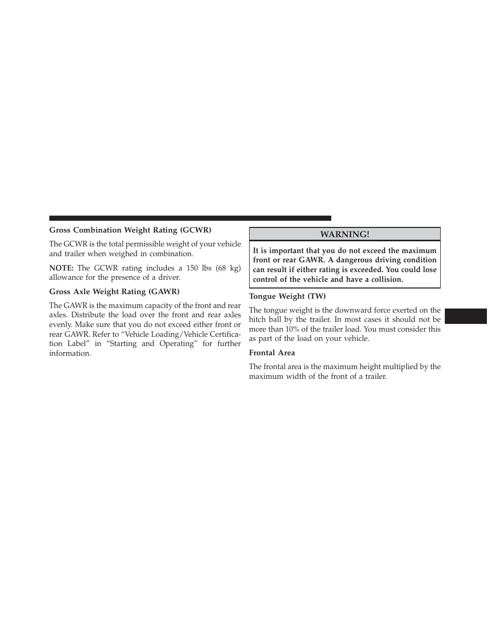 Gross combination weight rating (gcwr), Gross axle weight rating (gawr), Tongue weight (tw) | Frontal area | Jeep 2013 Grand Cherokee User Manual | Page 559 / 704