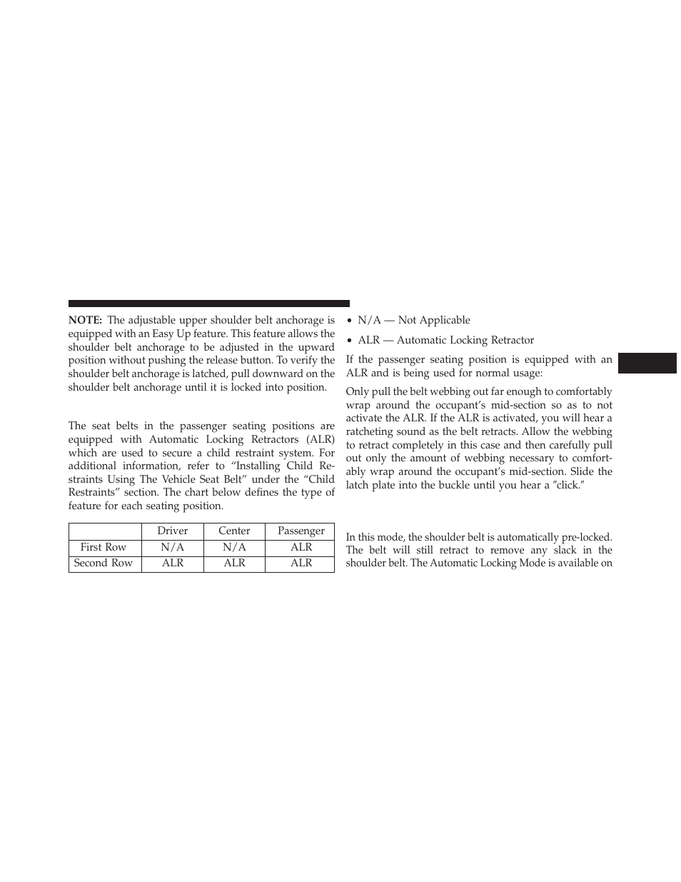 Seat belts in passenger seating positions, Automatic locking retractor mode (alr) — if, Equipped | Jeep 2013 Grand Cherokee User Manual | Page 63 / 704