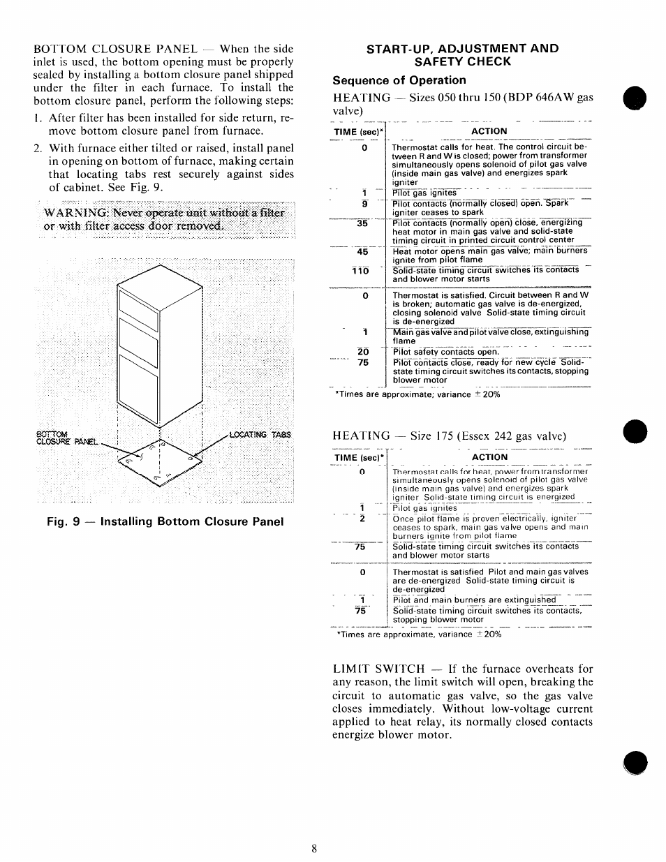 Start-up. adjustment and safety check, Sequence of operation | Carrier 58GS User Manual | Page 8 / 15