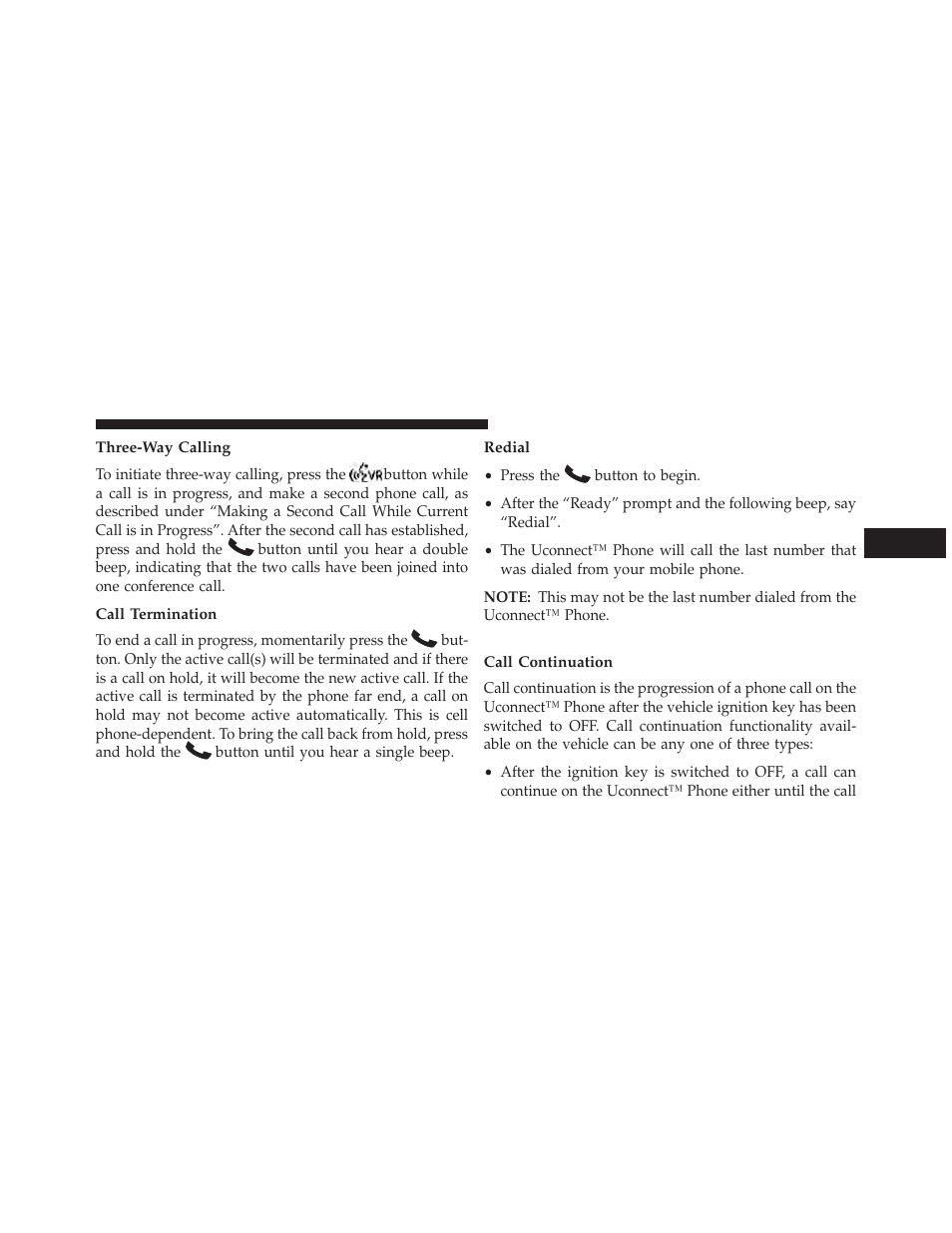 Three-way calling, Call termination, Redial | Call continuation | Jeep 2013 Compass User Manual | Page 125 / 517