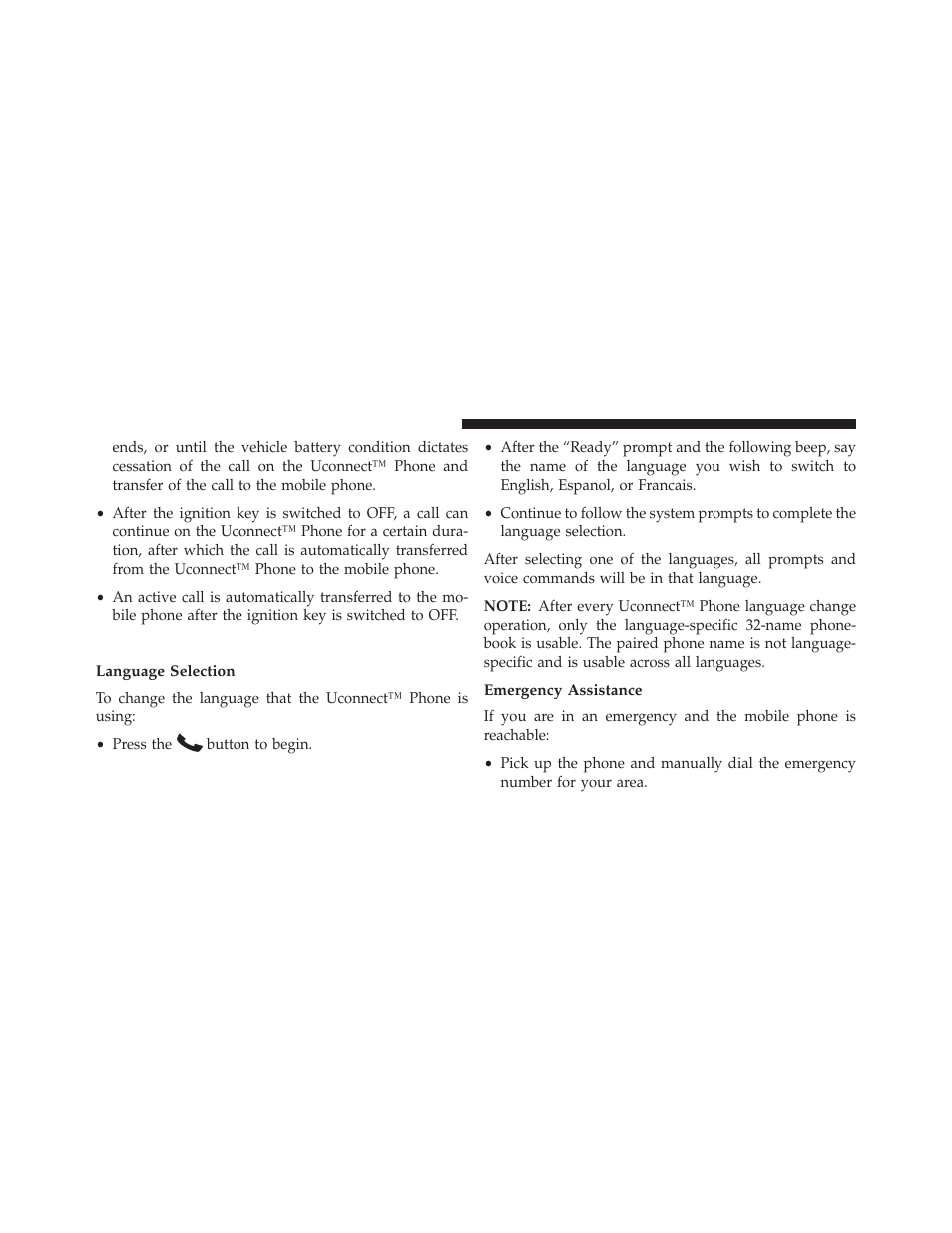 Uconnect™ phone features, Language selection, Emergency assistance | Jeep 2013 Compass User Manual | Page 126 / 517