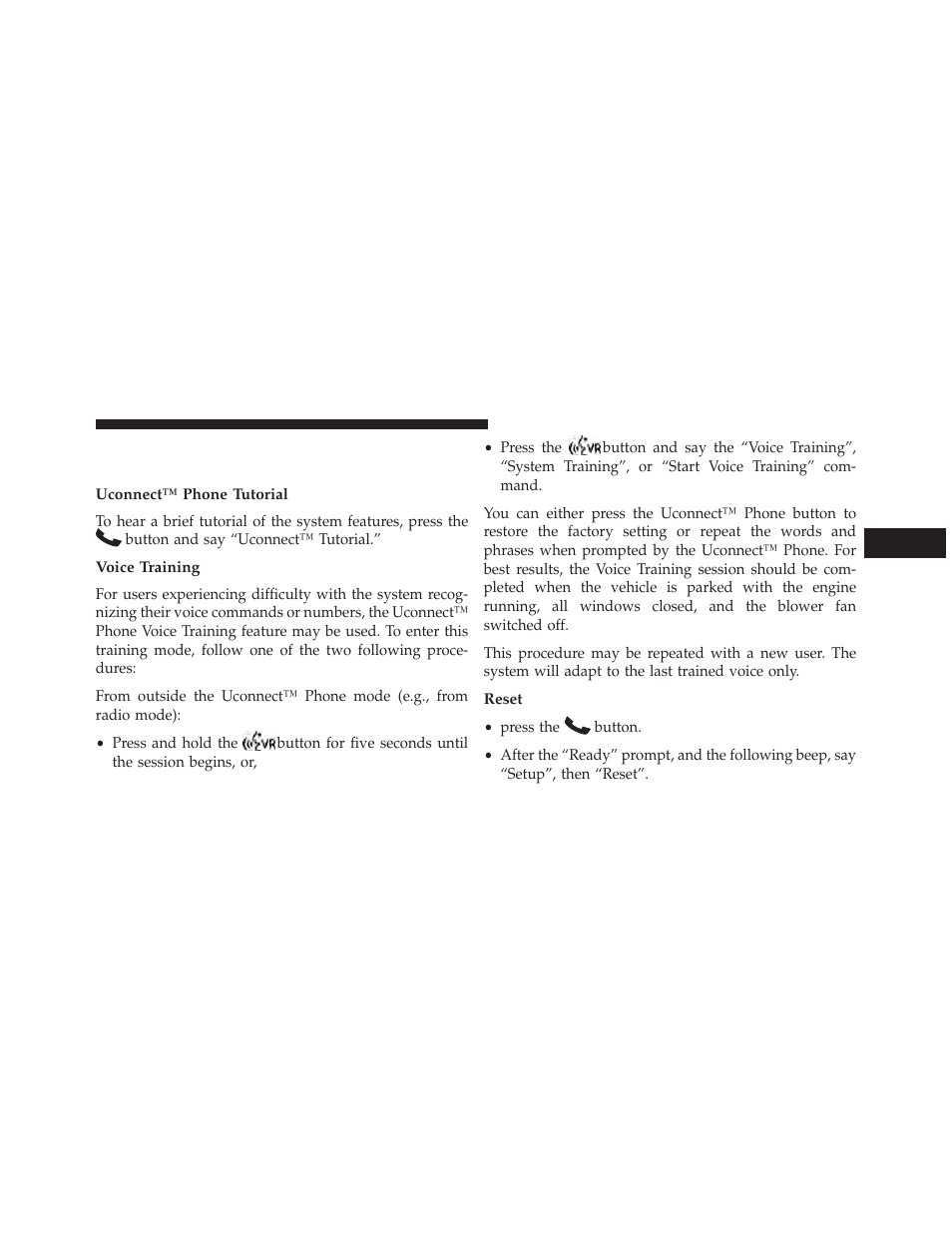 Things you should know about your uconnect™ phone, Uconnect™ phone tutorial, Voice training | Reset, Things you should know about, Your uconnect™ phone | Jeep 2013 Compass User Manual | Page 133 / 517