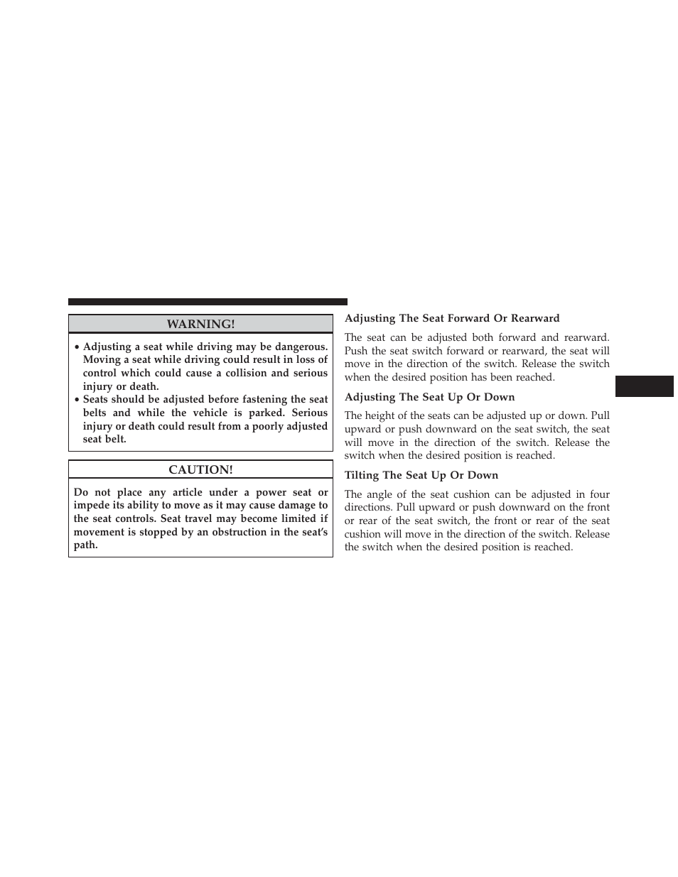 Adjusting the seat forward or rearward, Adjusting the seat up or down, Tilting the seat up or down | Jeep 2013 Compass User Manual | Page 151 / 517