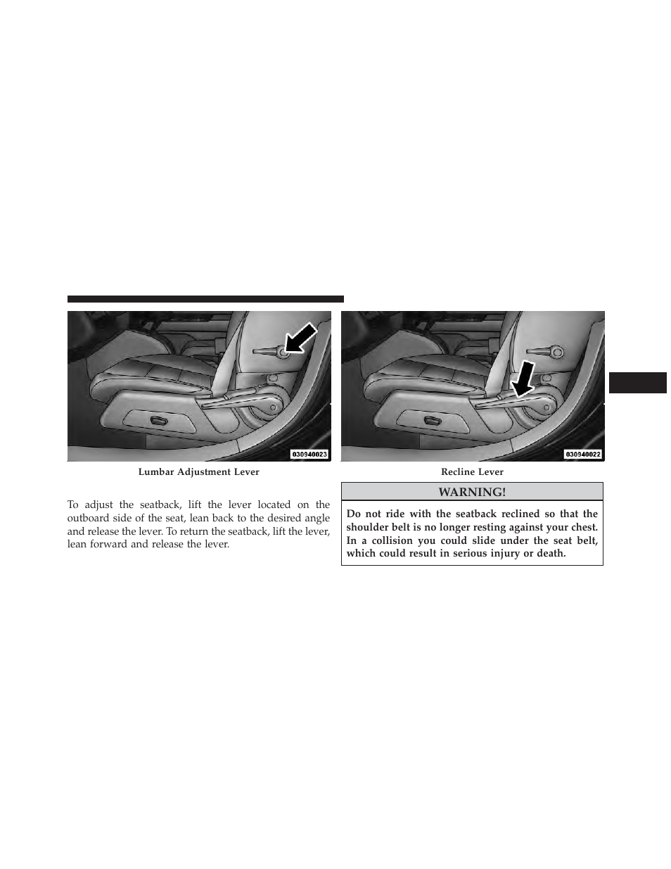 Driver's seatback recline, Driver’s seatback recline | Jeep 2013 Compass User Manual | Page 155 / 517