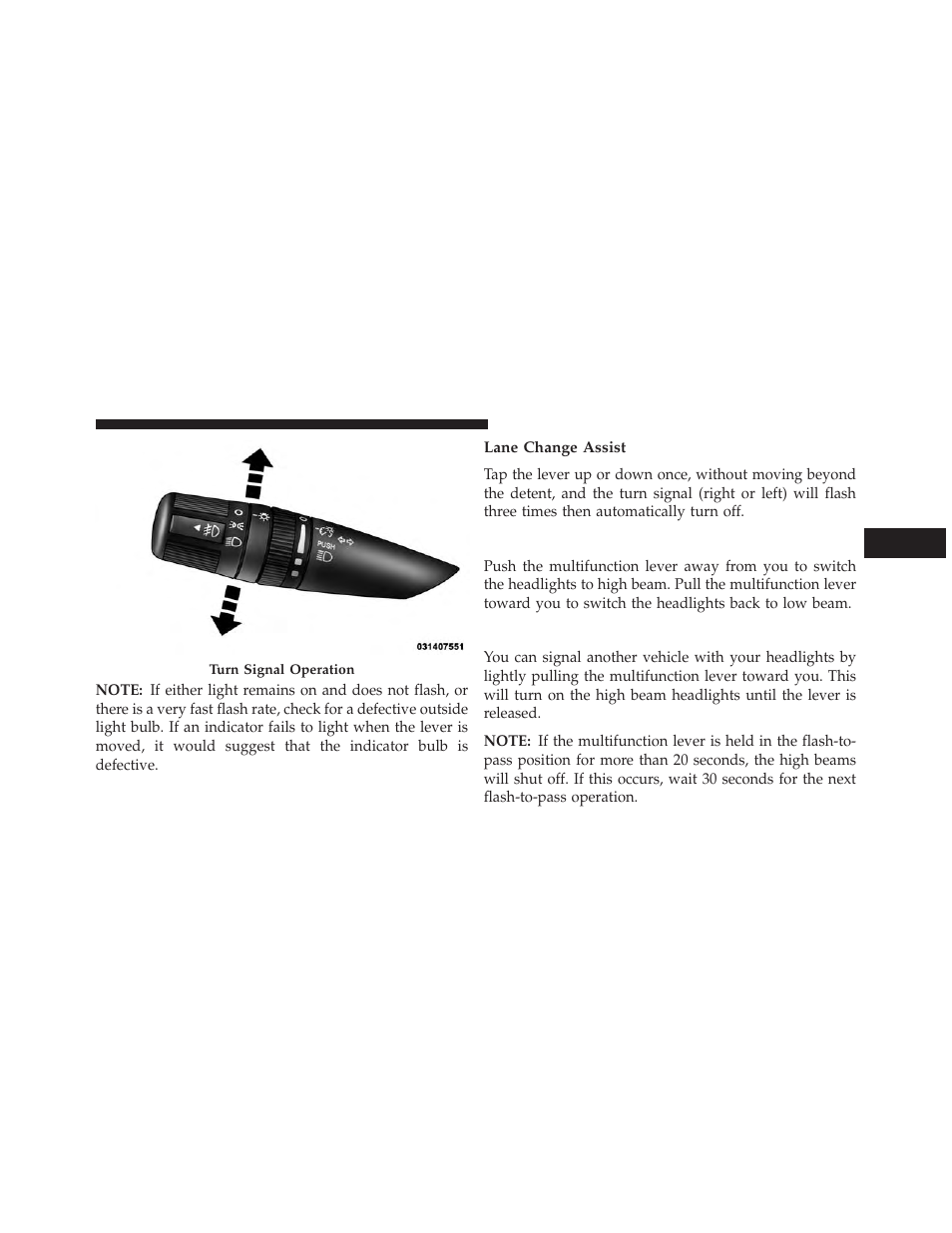 Lane change assist, High/low beam switch, Flash-to-pass | Jeep 2013 Compass User Manual | Page 167 / 517