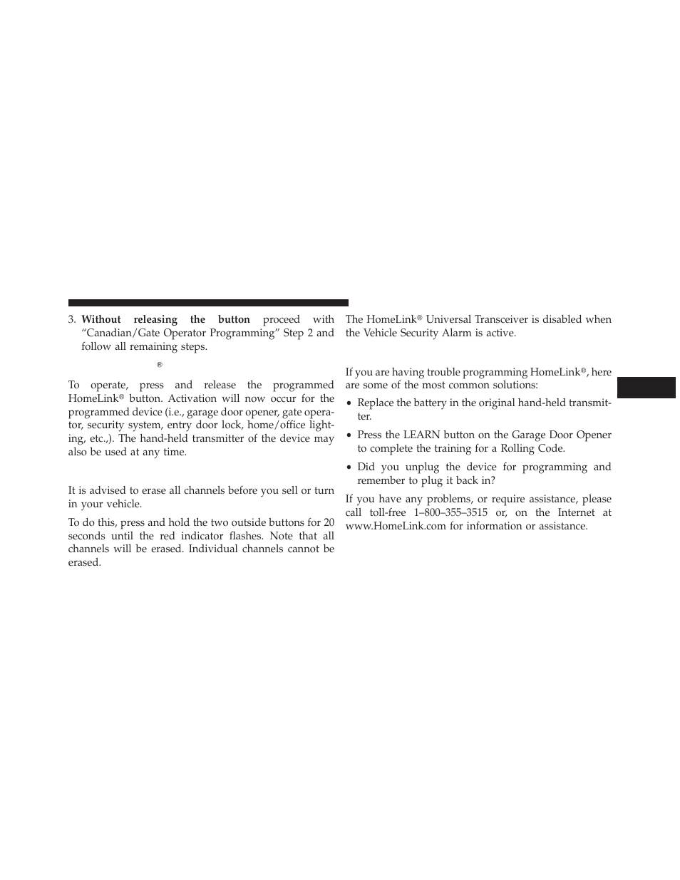 Using homelink, Security, Troubleshooting tips | Jeep 2013 Compass User Manual | Page 185 / 517