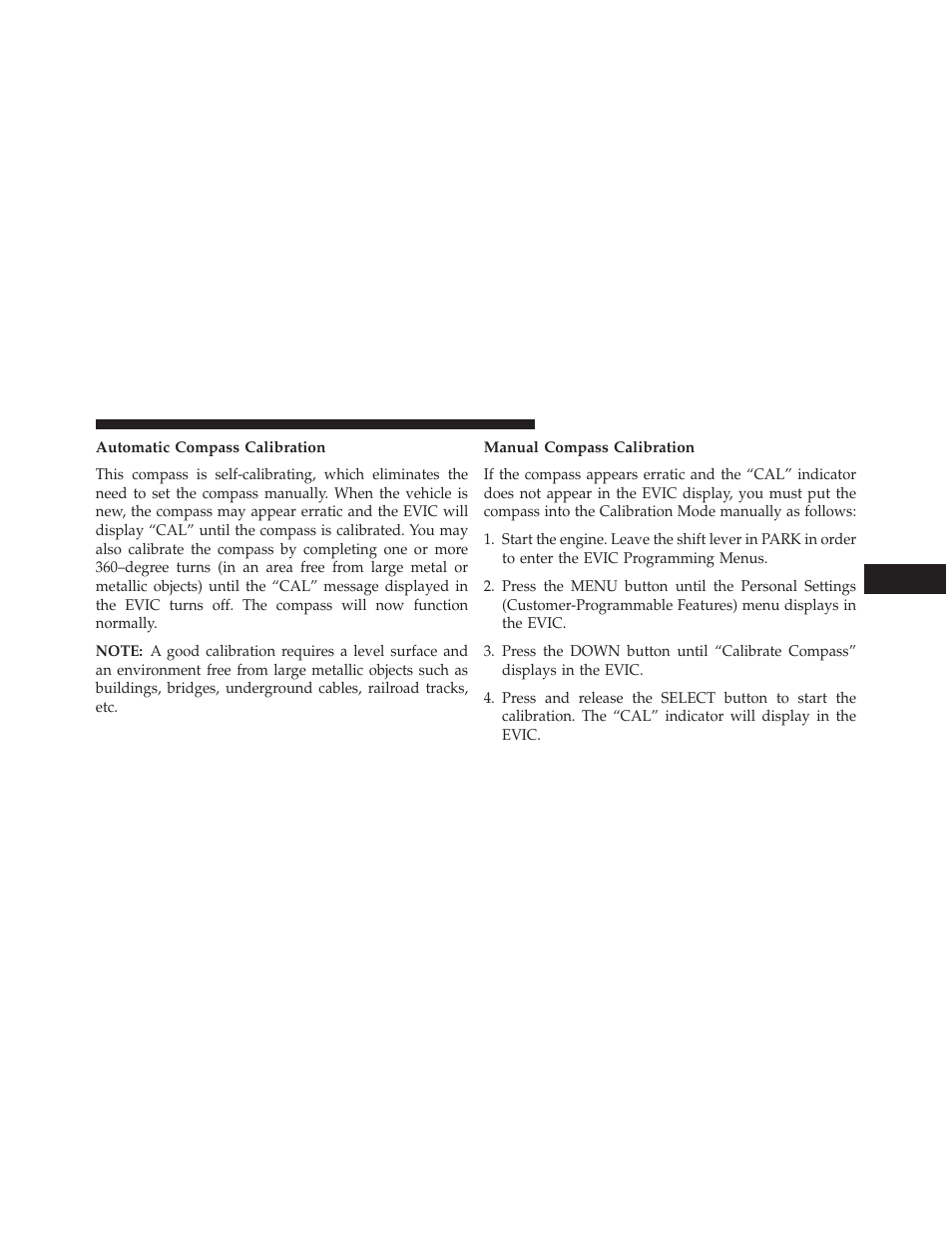 Automatic compass calibration, Manual compass calibration | Jeep 2013 Compass User Manual | Page 239 / 517