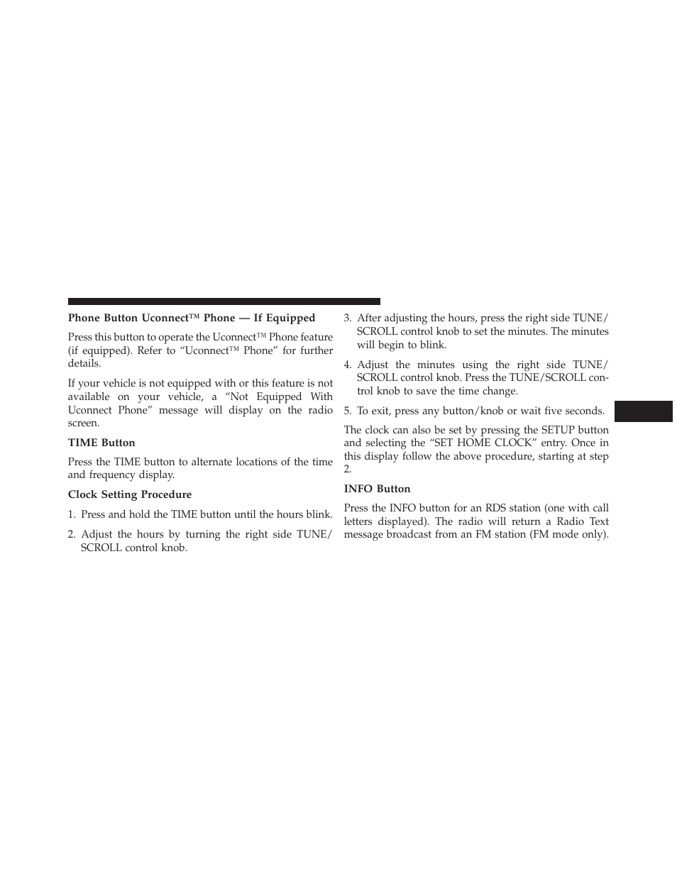 Phone button uconnect™ phone — if equipped, Time button, Clock setting procedure | Info button | Jeep 2013 Compass User Manual | Page 243 / 517