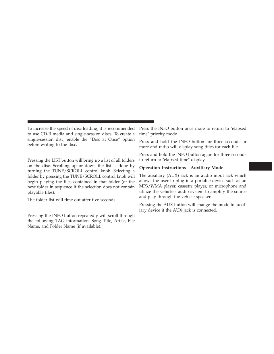 List button (disc mode for mp3/wma play), Info button (disc mode for mp3/wma play), Operation instructions - auxiliary mode | List button, Disc mode for mp3/wma play), Info button | Jeep 2013 Compass User Manual | Page 255 / 517