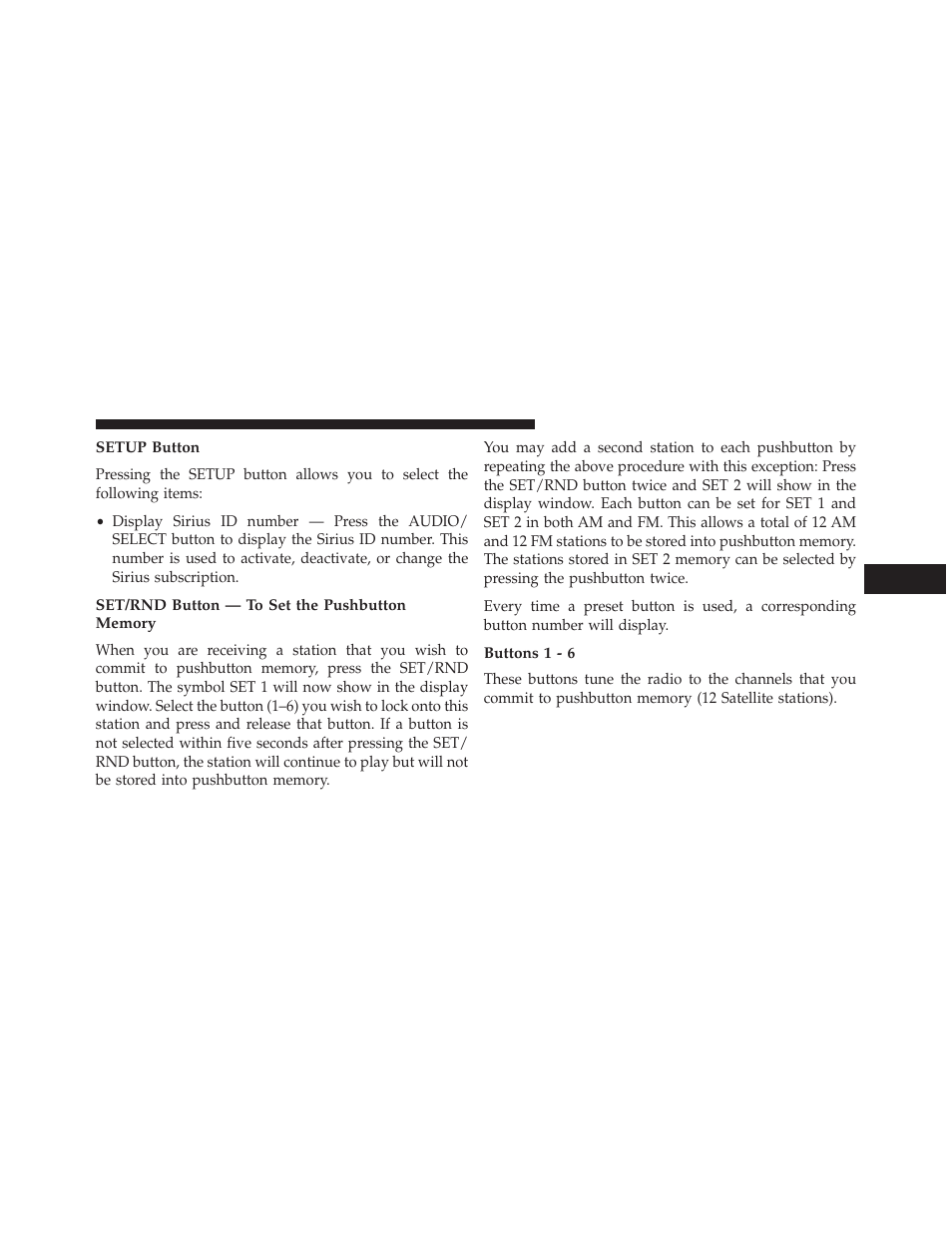 Setup button, Set/rnd button — to set the pushbutton memory, Buttons 1 - 6 | Jeep 2013 Compass User Manual | Page 261 / 517