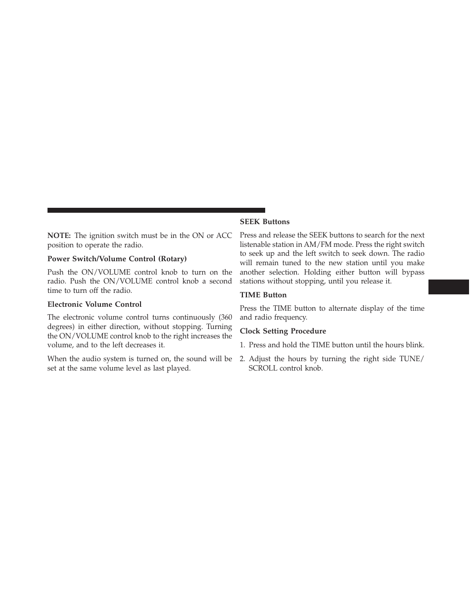 Operating instructions — radio mode, Power switch/volume control (rotary), Electronic volume control | Seek buttons, Time button, Clock setting procedure | Jeep 2013 Compass User Manual | Page 263 / 517