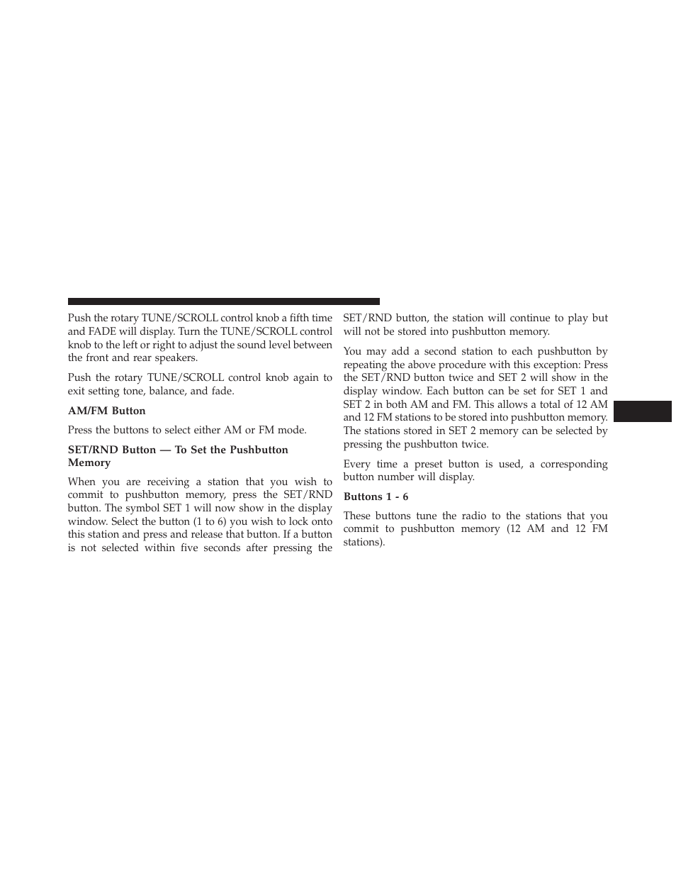 Am/fm button, Set/rnd button — to set the pushbutton memory, Buttons 1 - 6 | Jeep 2013 Compass User Manual | Page 265 / 517
