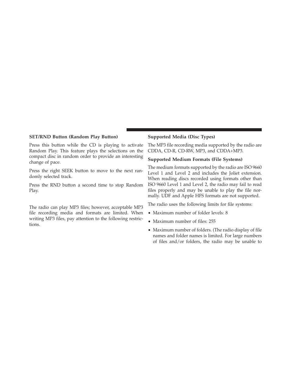Set/rnd button (random play button), Notes on playing mp3 files, Supported media (disc types) | Supported medium formats (file systems) | Jeep 2013 Compass User Manual | Page 268 / 517