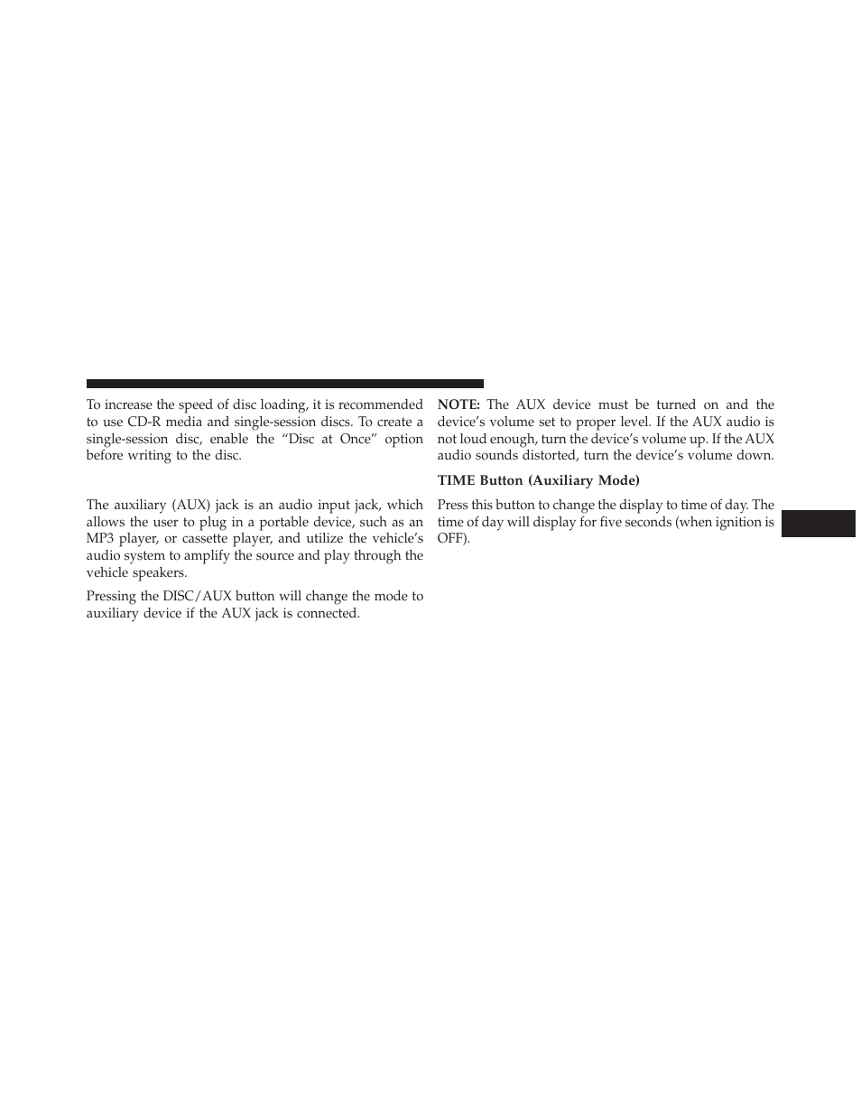 Operation instructions - auxiliary mode, Time button (auxiliary mode) | Jeep 2013 Compass User Manual | Page 271 / 517