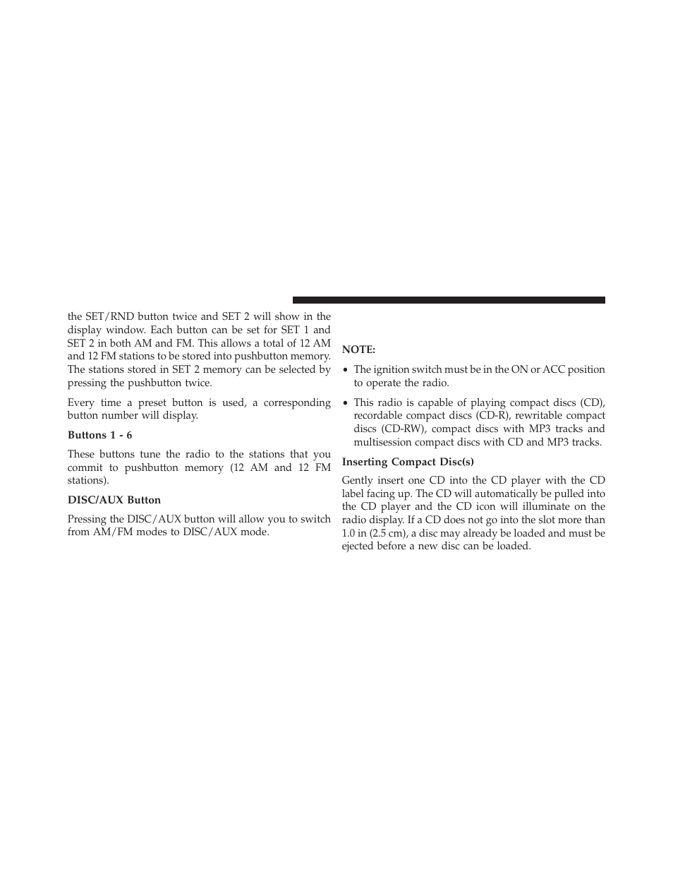 Buttons 1 - 6, Disc/aux button, Inserting compact disc(s) | Operation instructions — cd mode for cd, And mp3 audio play | Jeep 2013 Compass User Manual | Page 278 / 517